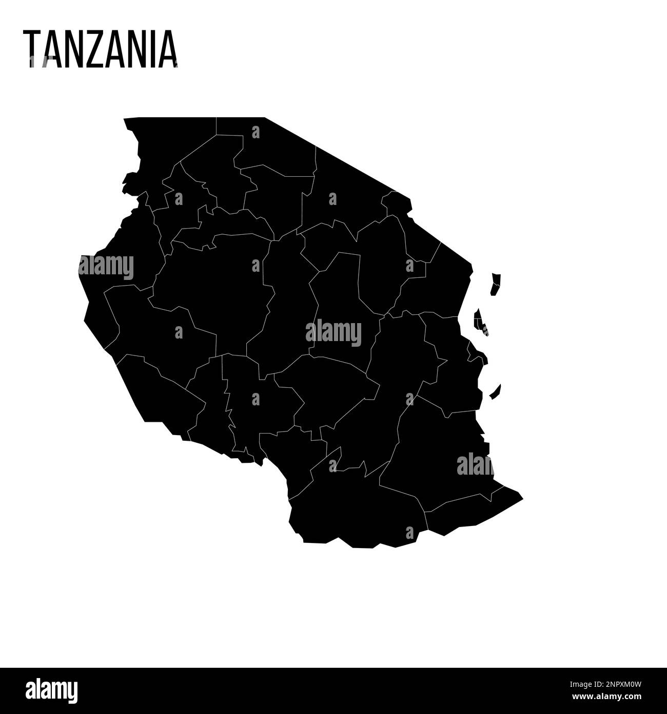 Tanzania mappa politica delle divisioni amministrative - regioni. Mappa nera vuota e nome del paese. Illustrazione Vettoriale