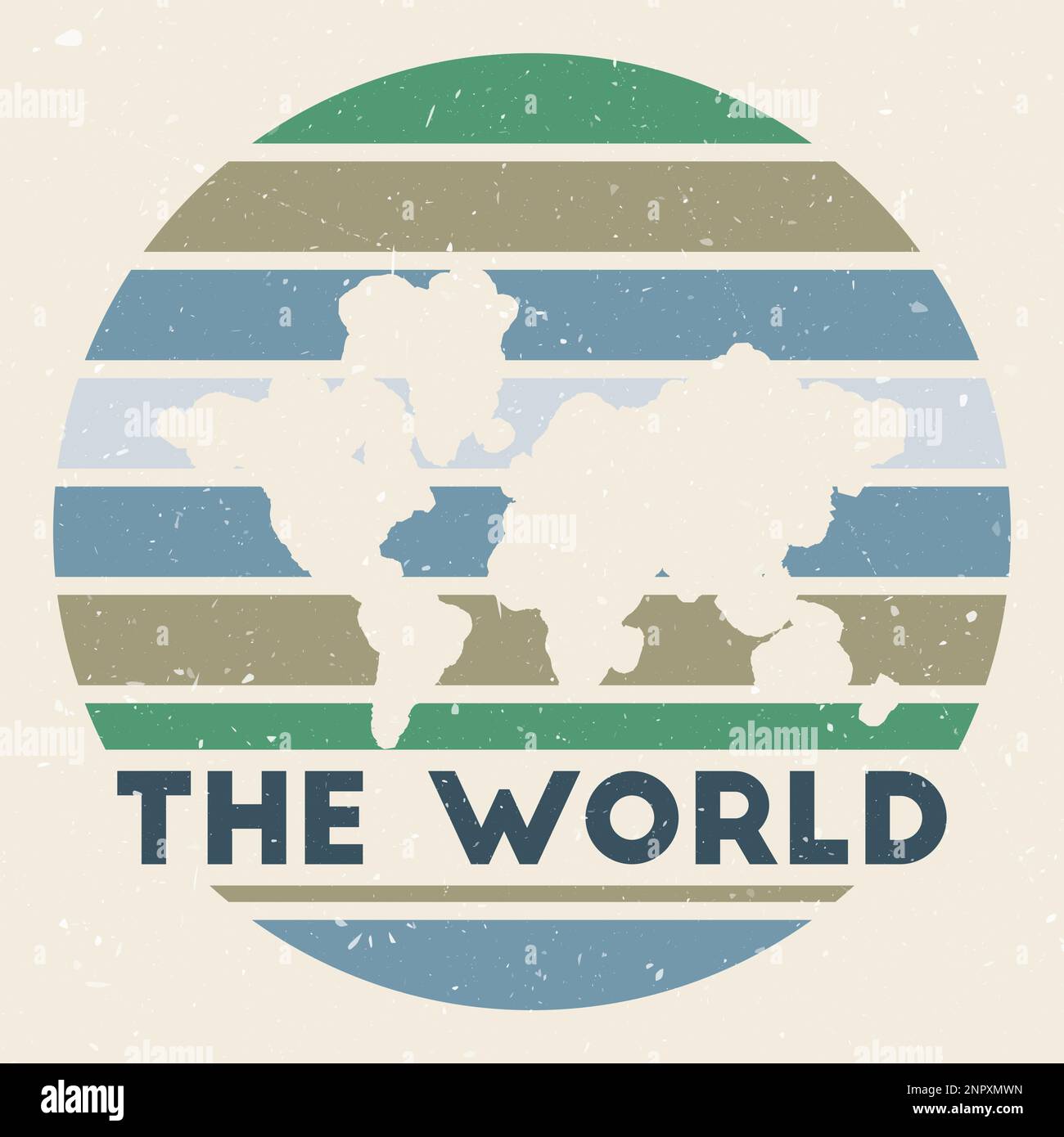 Il logo World. Firma con la mappa del mondo e strisce colorate, illustrazione vettoriale. Illustrazione Vettoriale