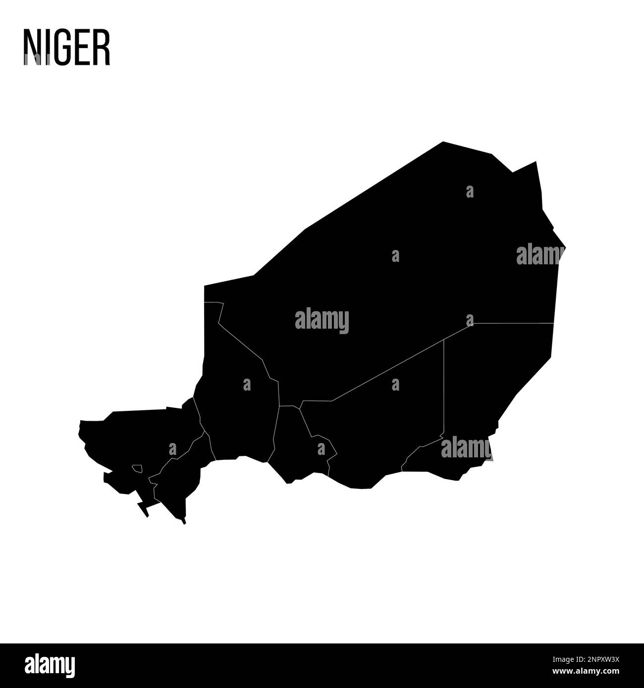 Niger carta politica delle divisioni amministrative - regioni e capitale di Niamey. Mappa nera vuota e nome del paese. Illustrazione Vettoriale