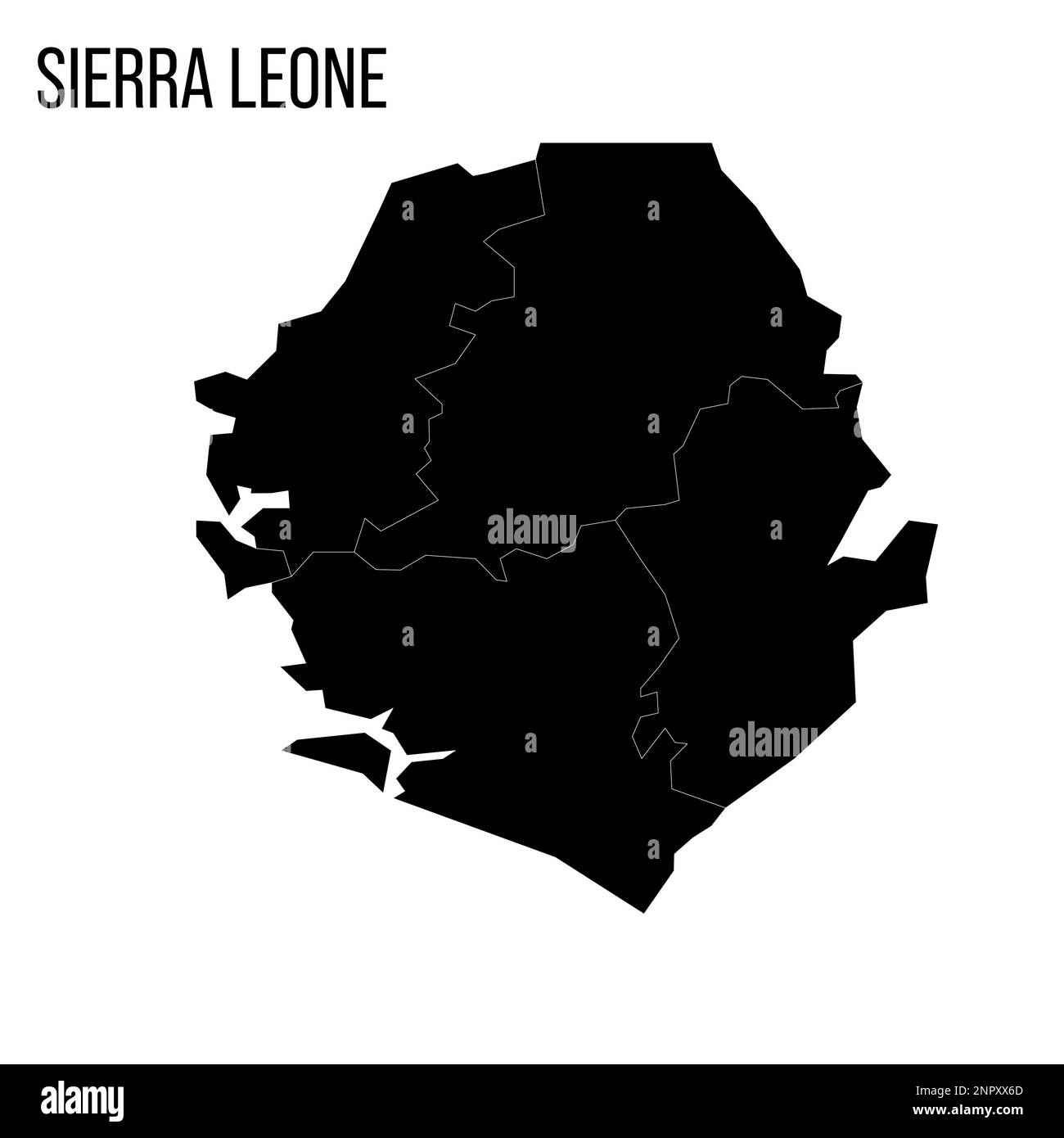 Sierra Leone carta politica delle divisioni amministrative - province e un'area. Mappa nera vuota e nome del paese. Illustrazione Vettoriale