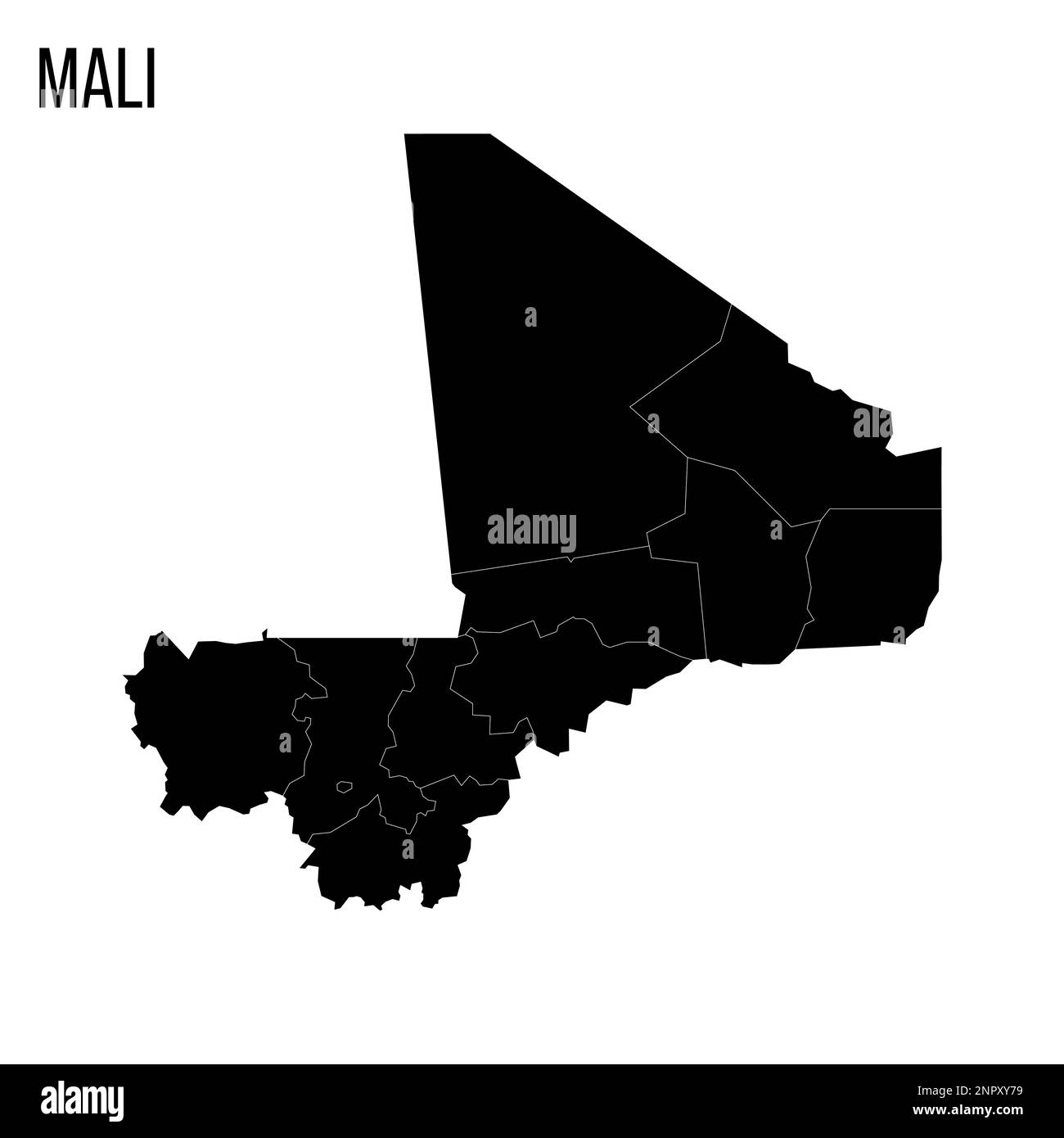 Mappa politica del Mali delle divisioni amministrative - regioni e capoluogo distretto di Bamako. Mappa nera vuota e nome del paese. Illustrazione Vettoriale