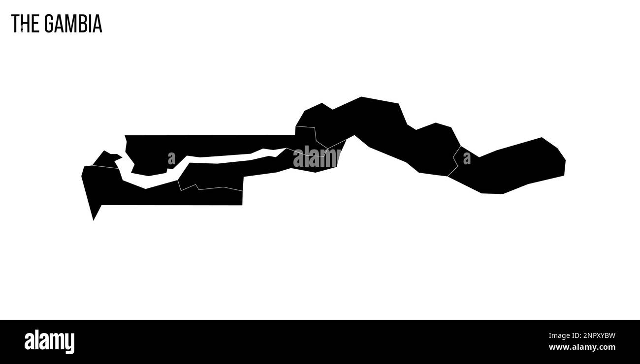 La mappa politica della Gambia delle divisioni amministrative - regioni e città di Banjul. Mappa nera vuota e nome del paese. Illustrazione Vettoriale