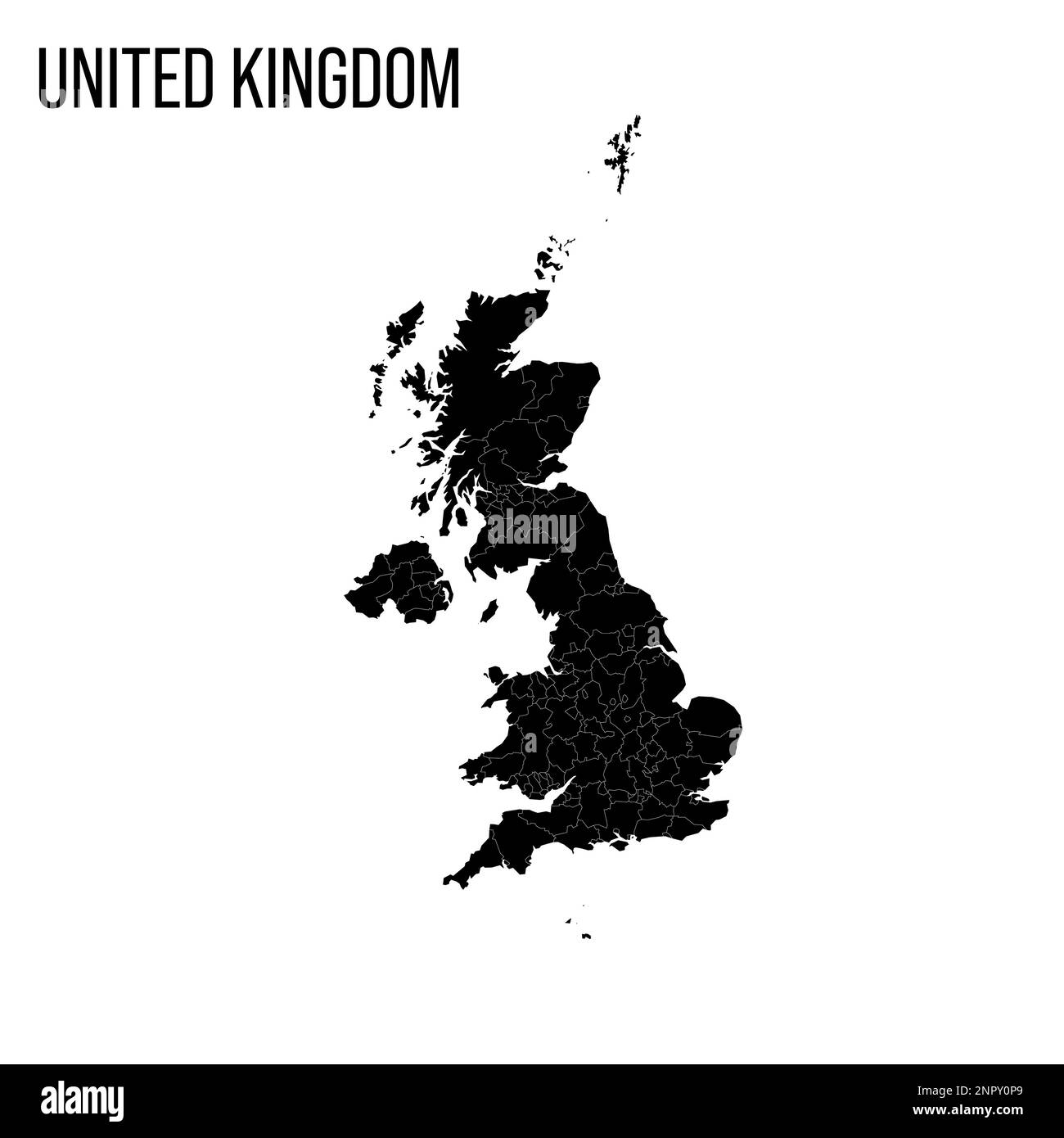 Regno Unito di Gran Bretagna e Irlanda del Nord Mappa politica delle divisioni amministrative: Contee, autorità unitarie e Greater London in Inghilterra, distretti dell'Irlanda del Nord, aree del consiglio della Scozia e contee, distretti e città del Galles. Mappa nera vuota e nome del paese. Illustrazione Vettoriale