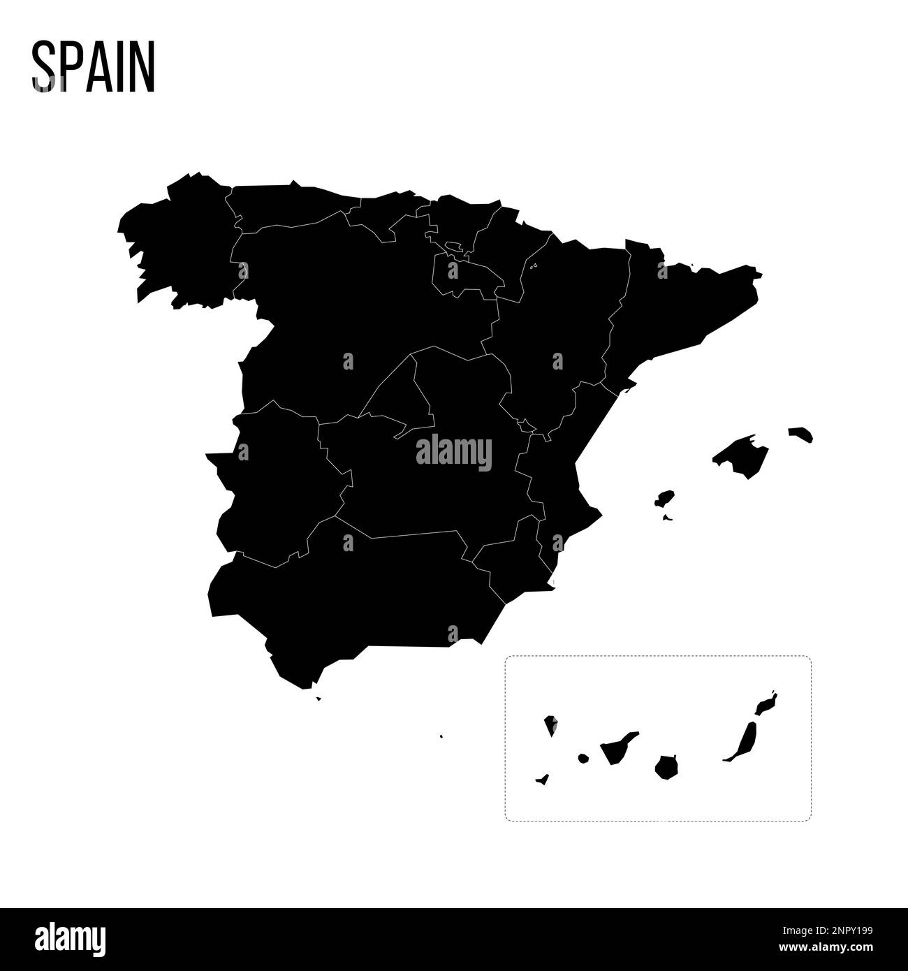 Spagna carta politica delle divisioni amministrative - Comunità autonome e città autonome di Ceuta e Melilla. Mappa nera vuota e nome del paese. Illustrazione Vettoriale