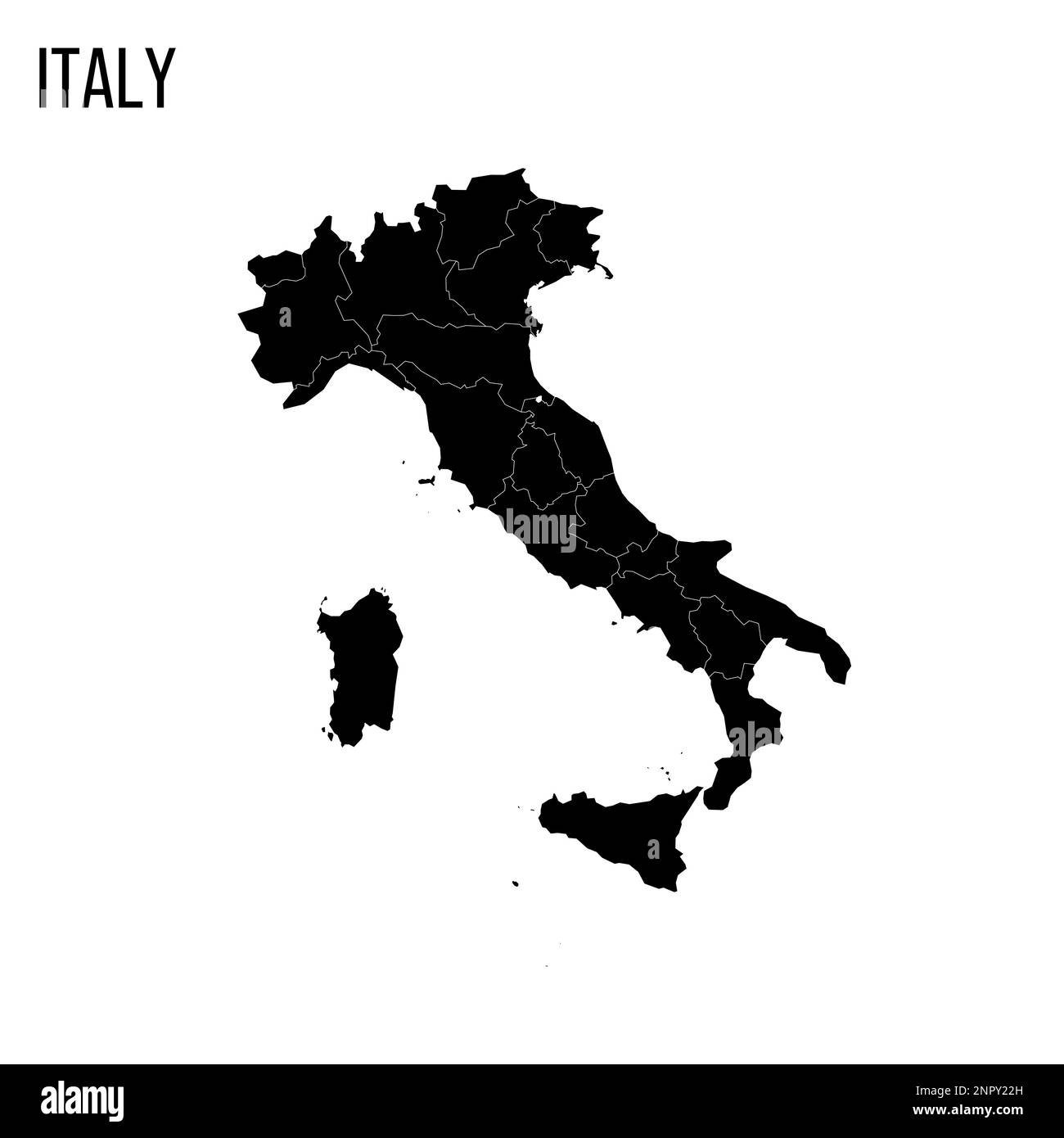 Italia carta politica delle divisioni amministrative - regioni. Mappa nera vuota e nome del paese. Illustrazione Vettoriale