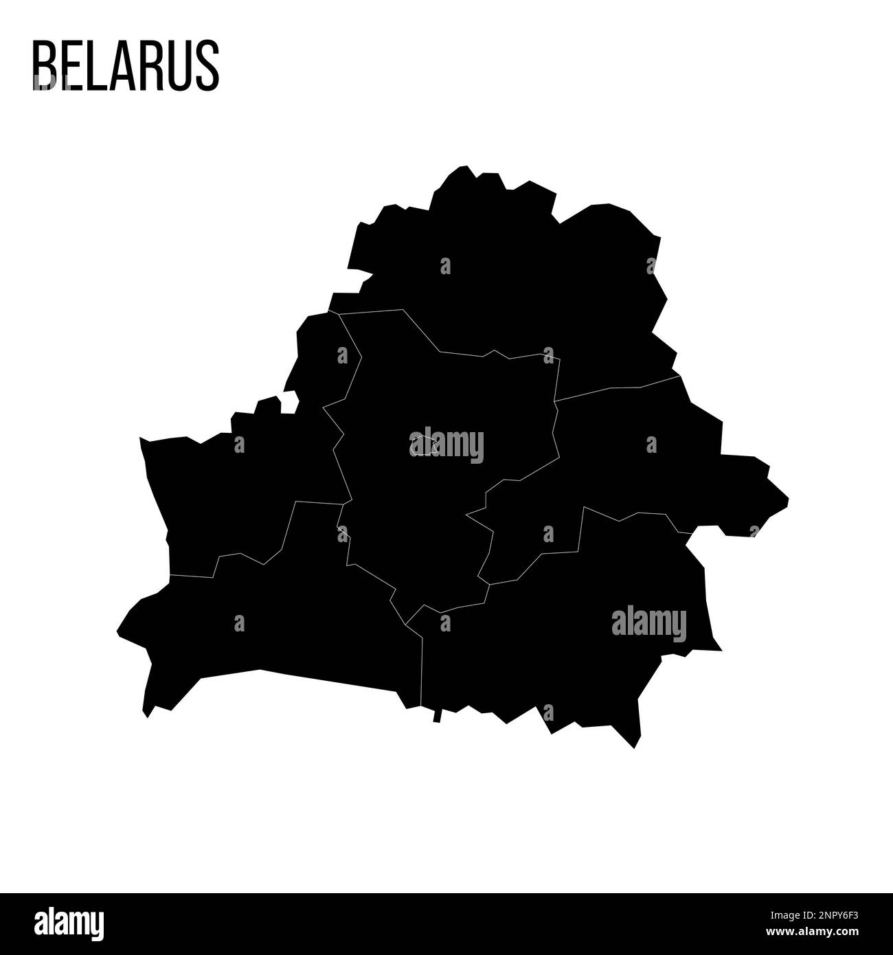 Bielorussia mappa politica delle divisioni amministrative - regioni e una città autonoma. Mappa nera vuota e nome del paese. Illustrazione Vettoriale