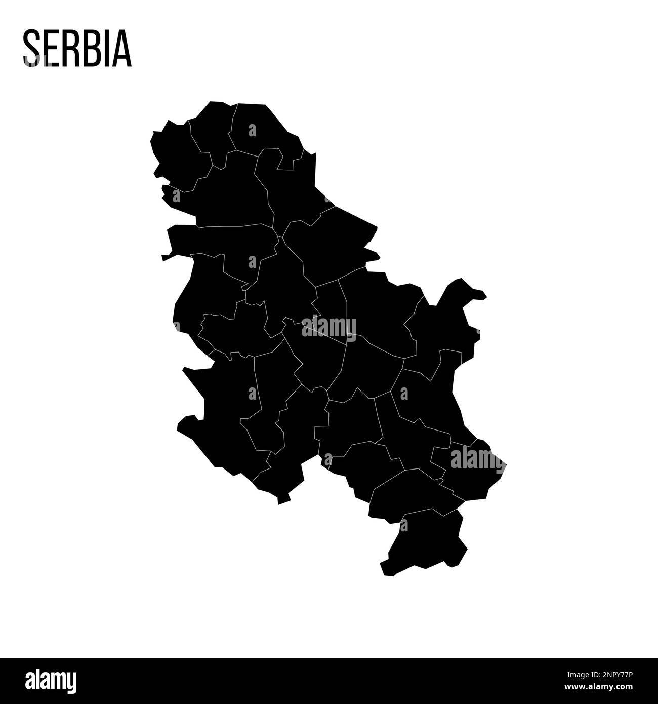 Serbia mappa politica delle divisioni amministrative - okrums e città autonoma di Belgrado. Mappa nera vuota e nome del paese. Illustrazione Vettoriale
