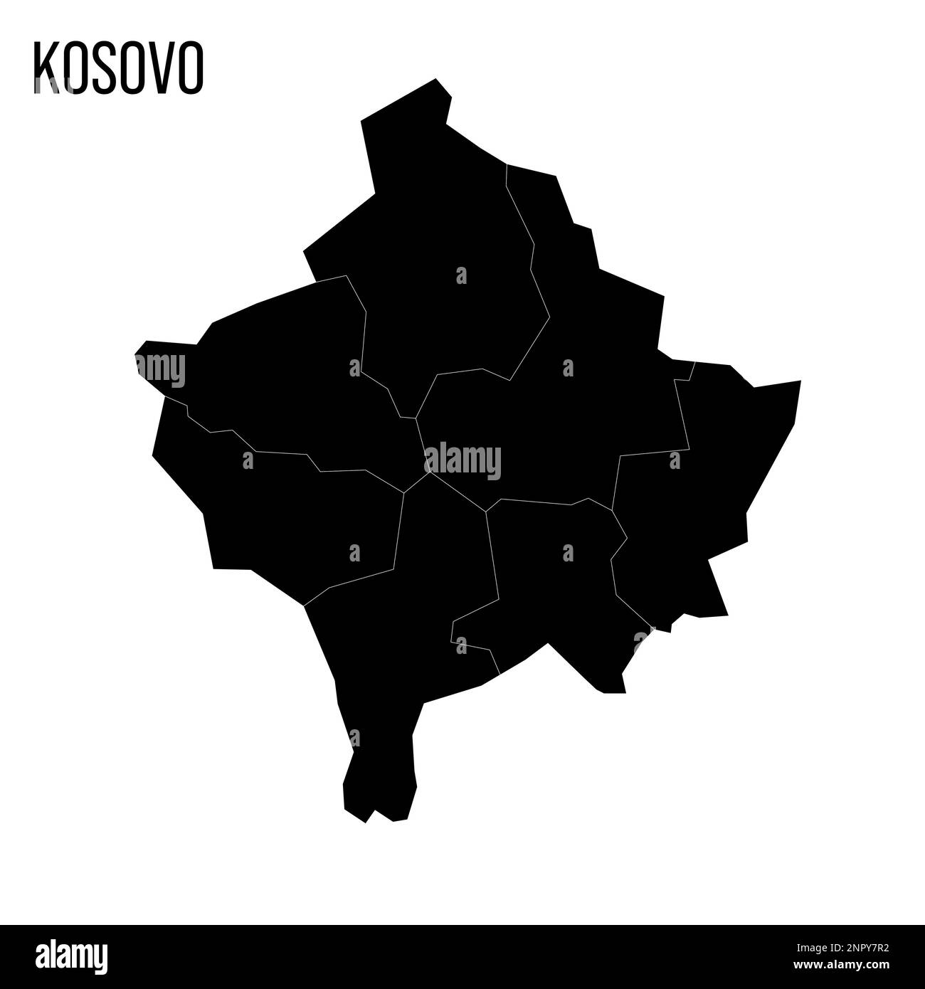 Mappa politica del Kosovo delle divisioni amministrative - distretti. Mappa nera vuota e nome del paese. Illustrazione Vettoriale