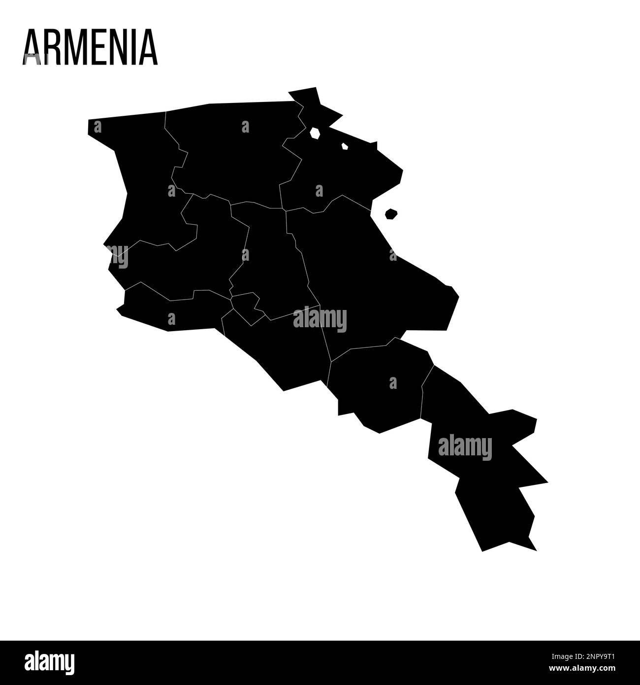 Armenia carta politica delle divisioni amministrative - province e città autonoma di Yerevan. Mappa nera vuota e nome del paese. Illustrazione Vettoriale