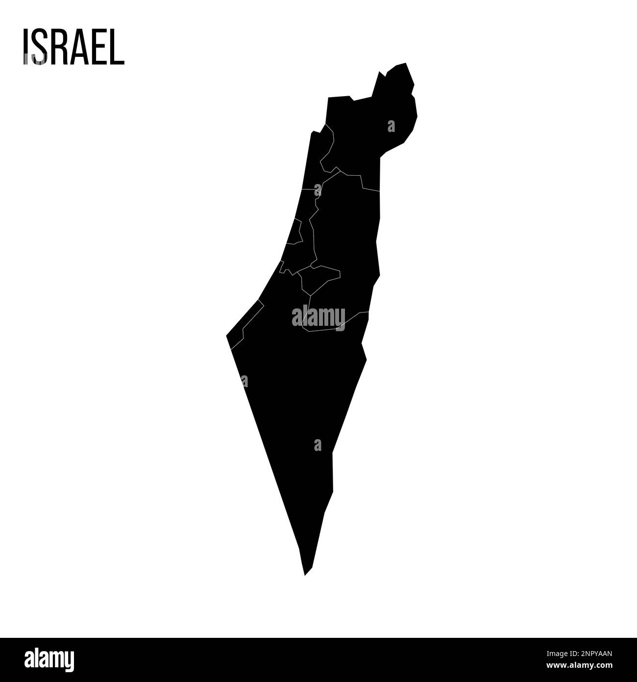 Israele mappa politica delle divisioni amministrative - distretti, striscia di Gaza e Judea e Samaria Area. Mappa nera vuota e nome del paese. Illustrazione Vettoriale