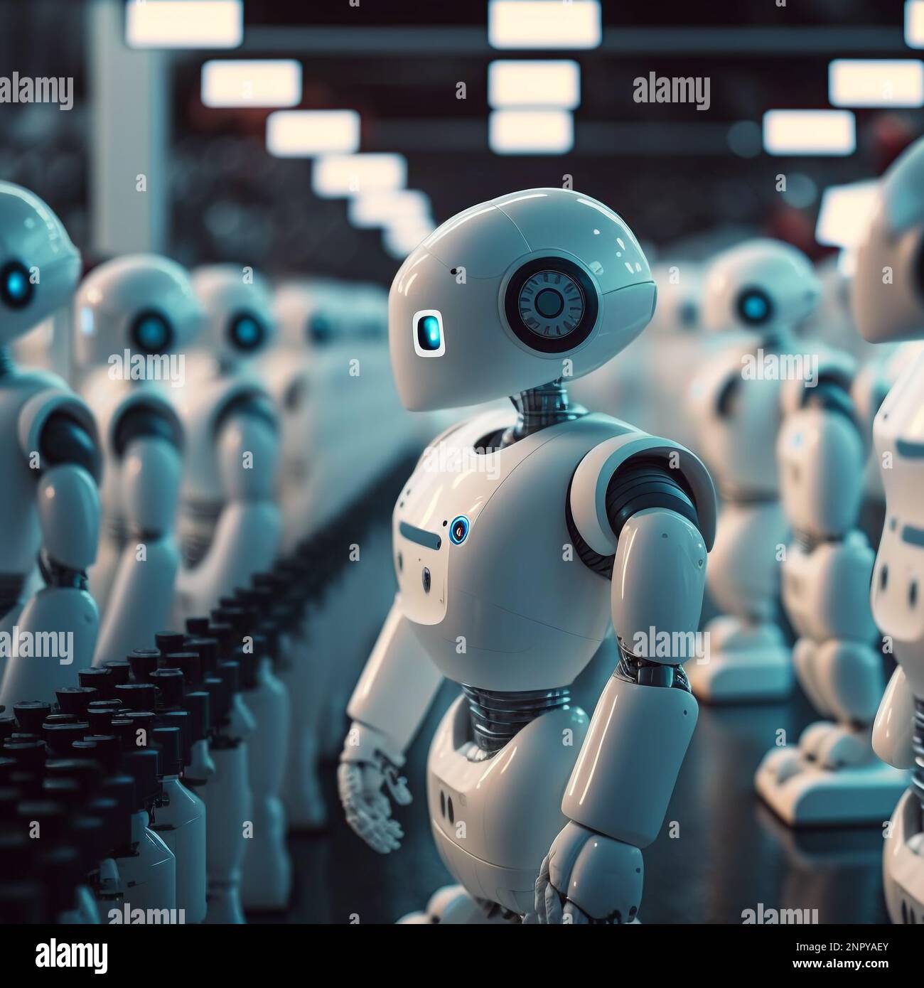 Ai computer Technology Smart Factory, industria 4,0, M2M computer Aided Manufacturing. Robot che lavora in linea di produzione di fabbrica con la macchina Foto Stock