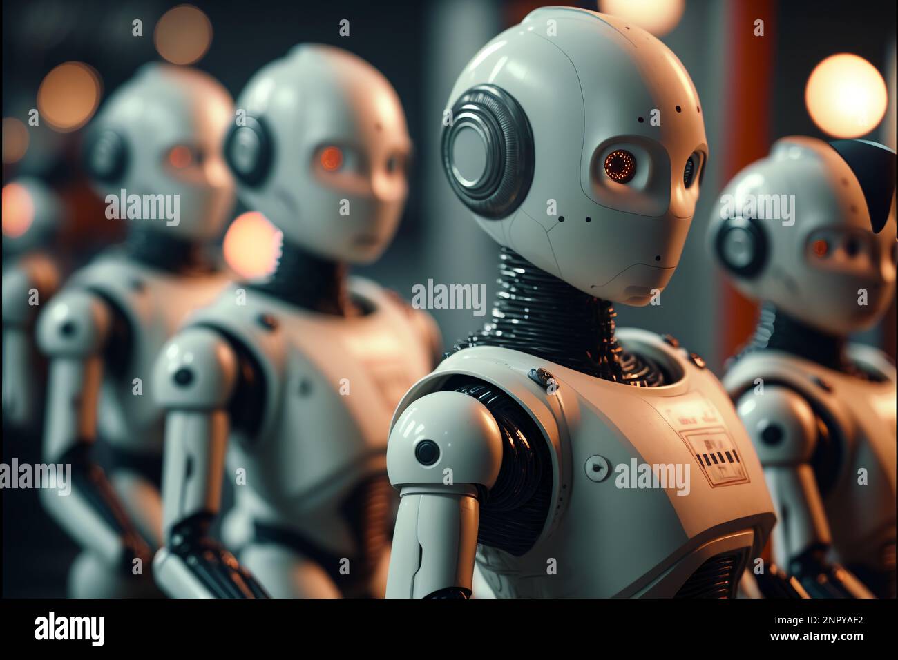 Ai computer Technology Smart Factory, industria 4,0, M2M computer Aided Manufacturing. Robot che lavora in linea di produzione di fabbrica con la macchina Foto Stock