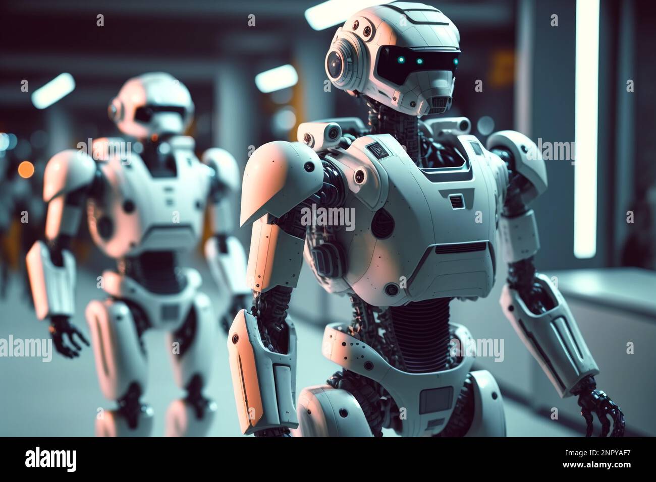 Ai computer Technology Smart Factory, industria 4,0, M2M computer Aided Manufacturing. Robot che lavora in linea di produzione di fabbrica con la macchina Foto Stock