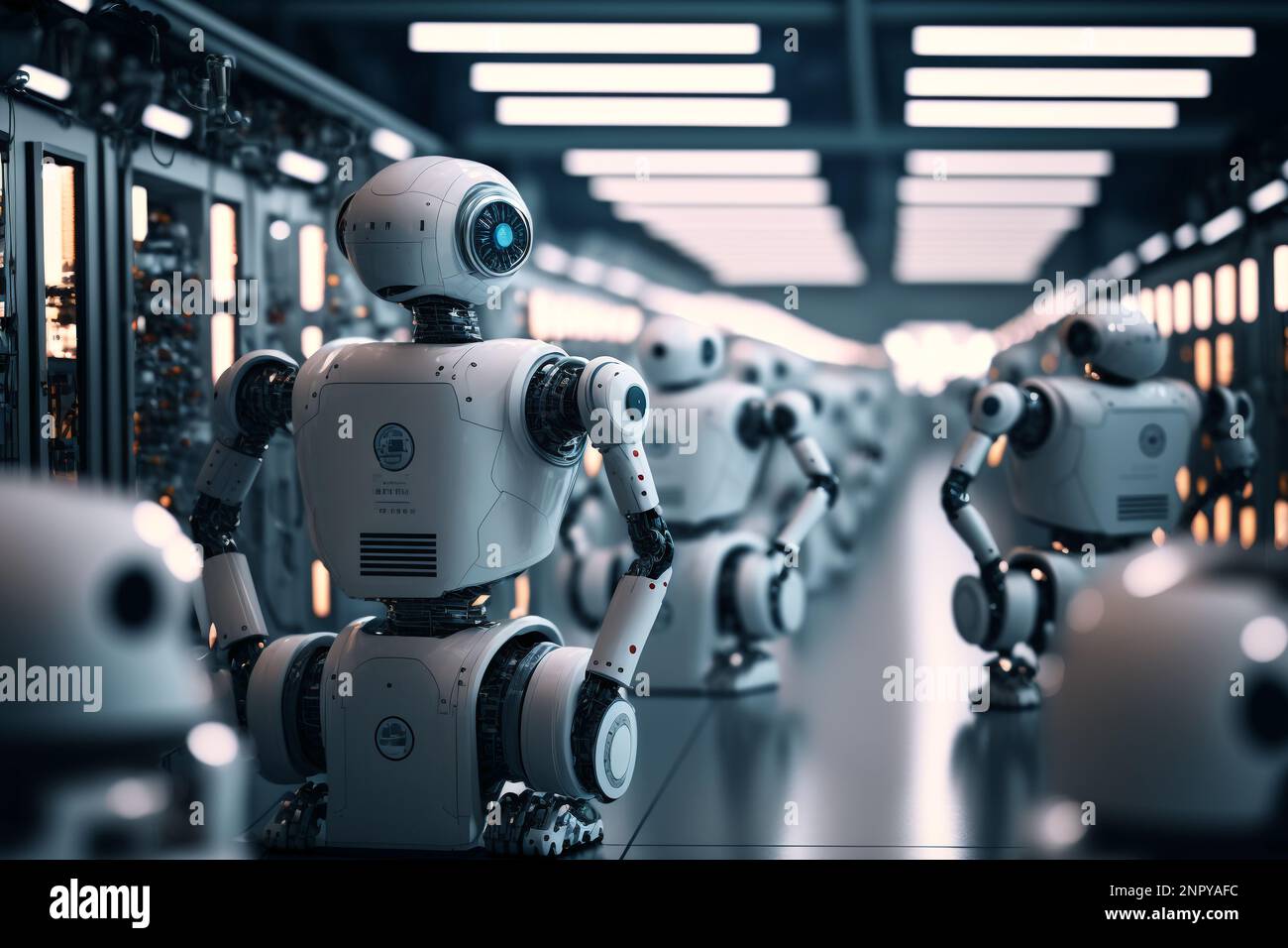 Ai computer Technology Smart Factory, industria 4,0, M2M computer Aided Manufacturing. Robot che lavora in linea di produzione di fabbrica con la macchina Foto Stock