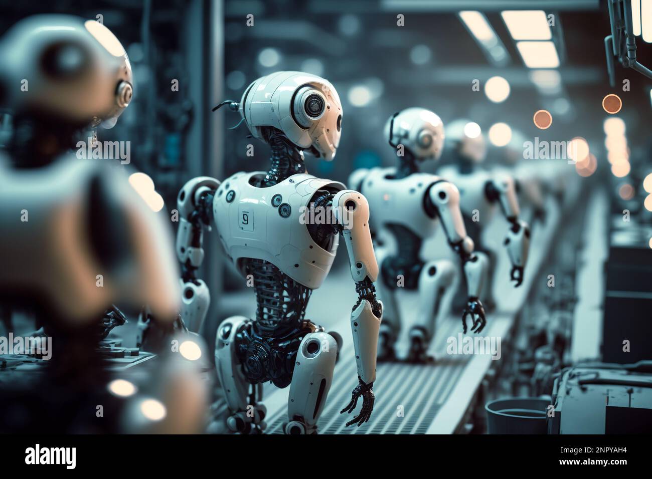 Ai computer Technology Smart Factory, industria 4,0, M2M computer Aided Manufacturing. Robot che lavora in linea di produzione di fabbrica con la macchina Foto Stock