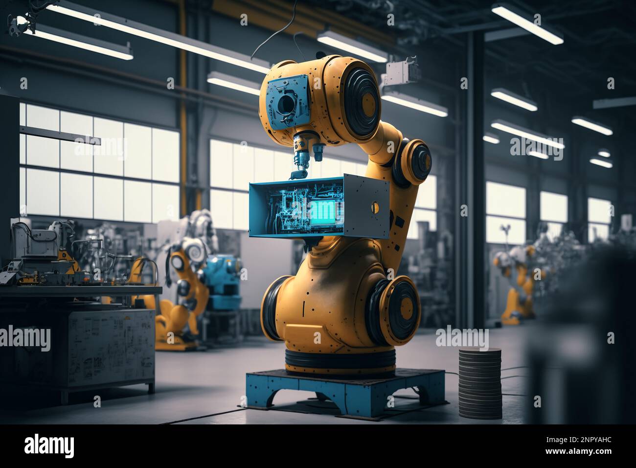 Ai computer Technology Smart Factory, industria 4,0, M2M computer Aided Manufacturing. Robot che lavora in linea di produzione di fabbrica con la macchina Foto Stock