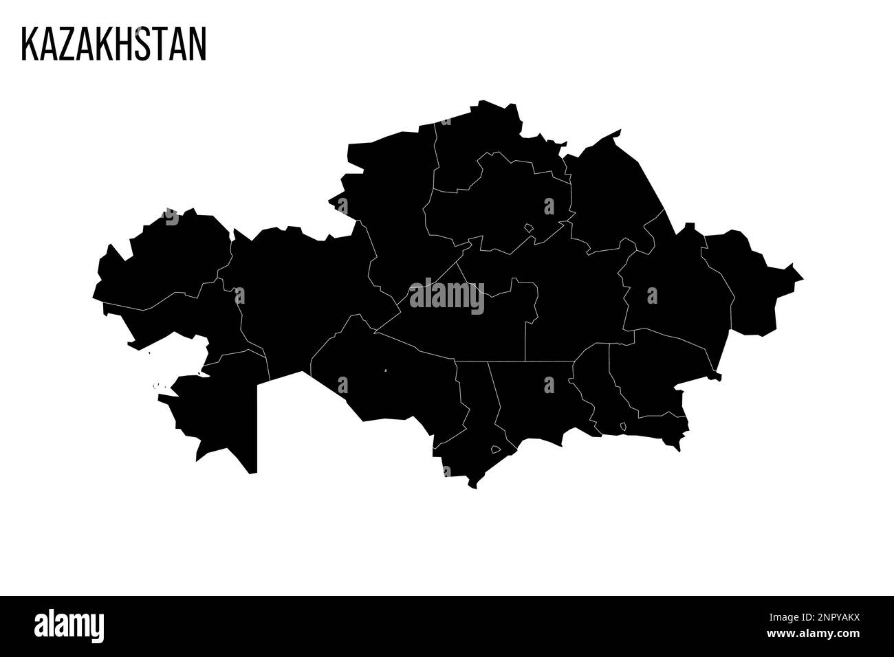 Kazakhstan carta politica delle divisioni amministrative - regioni e città con diritti regionali e città di significato repubblica Baikonur. Mappa nera vuota e nome del paese. Illustrazione Vettoriale