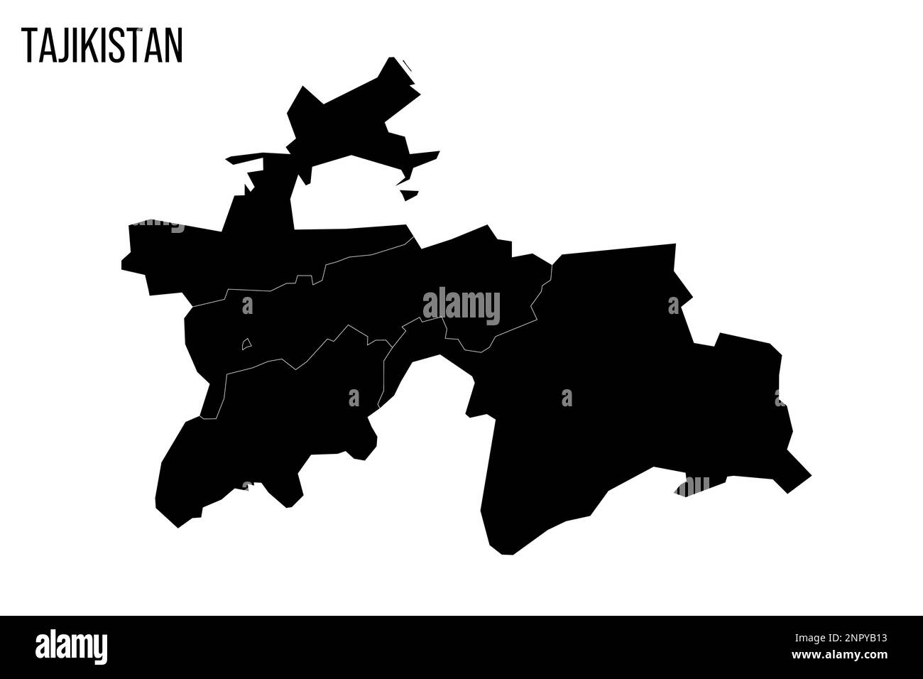 Tagikistan mappa politica delle divisioni amministrative - regioni, regione autonoma di Gorno-Badakhshan, distretti di subordinazione repubblicana e città capitale di Dushanbe. Mappa nera vuota e nome del paese. Illustrazione Vettoriale