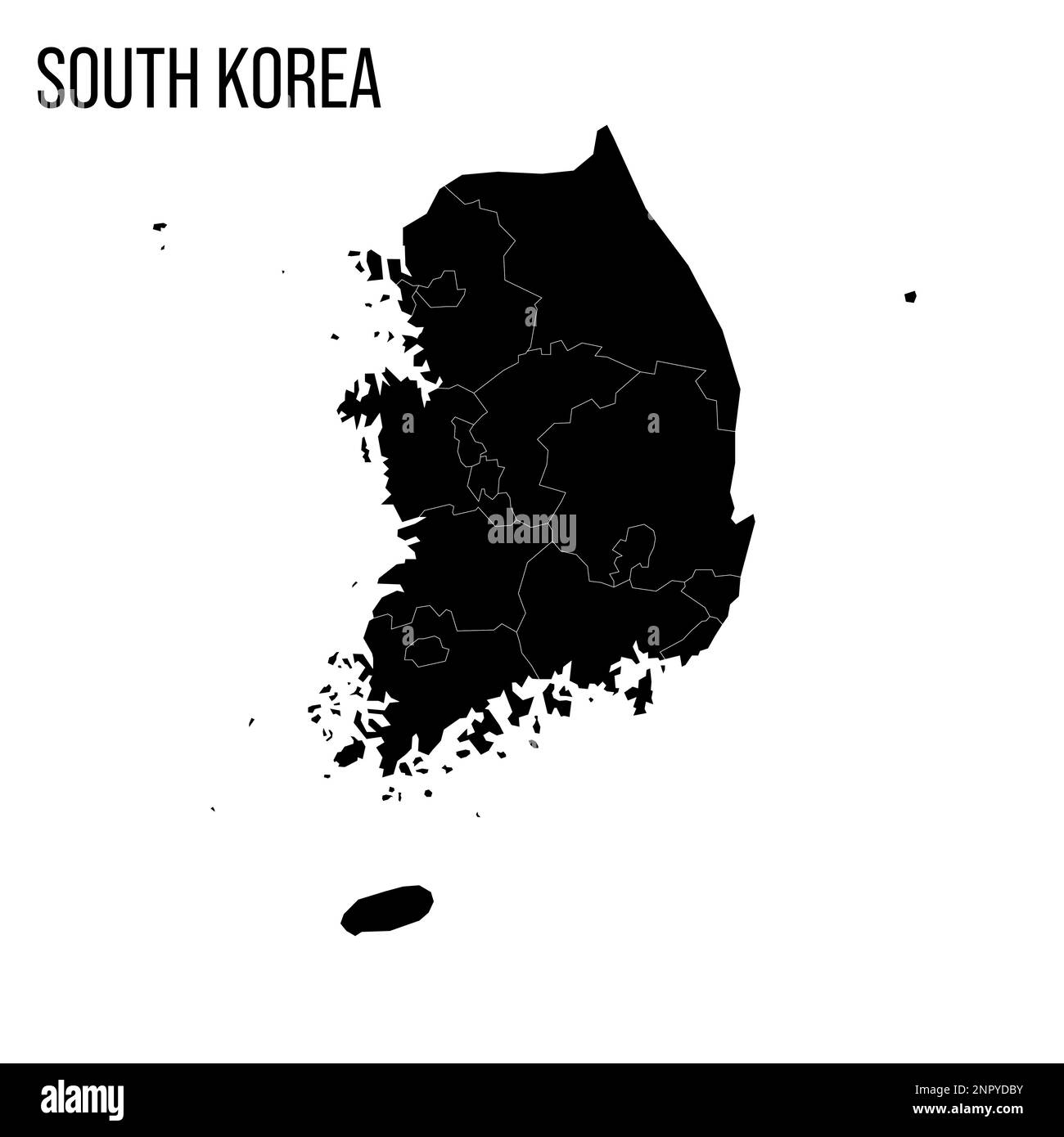 Corea del Sud mappa politica delle divisioni amministrative - province, città metropolitane, città speciale di Seolu e città speciali auto-governanti di Sejong. Mappa nera vuota e nome del paese. Illustrazione Vettoriale