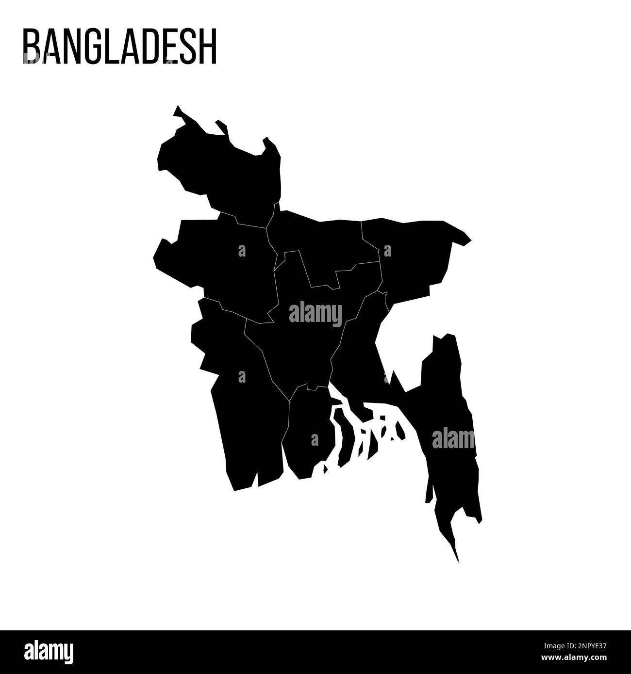 Bangladesh mappa politica delle divisioni amministrative - divisioni. Mappa nera vuota e nome del paese. Illustrazione Vettoriale