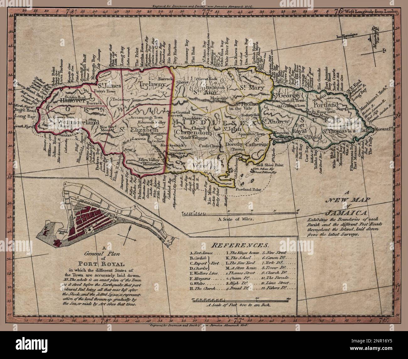 Antica carta della Giamaica che mostra la data 1806. Migliorata, restaurata, riproduzione di una mappa antica con molti dettagli geografici. Titolo originale: "Una nuova mappa della Giamaica: Esporre i confini di ogni parrocchia e le diverse strade Post in tutta l'isola, stabilito dalle ultime indagini." Mappa inset: Un piano generale di Port Royal. Anche se modificata e illuminata, questa riproduzione conserva le imperfezioni e la texture caratteristica di una mappa antica. Foto Stock