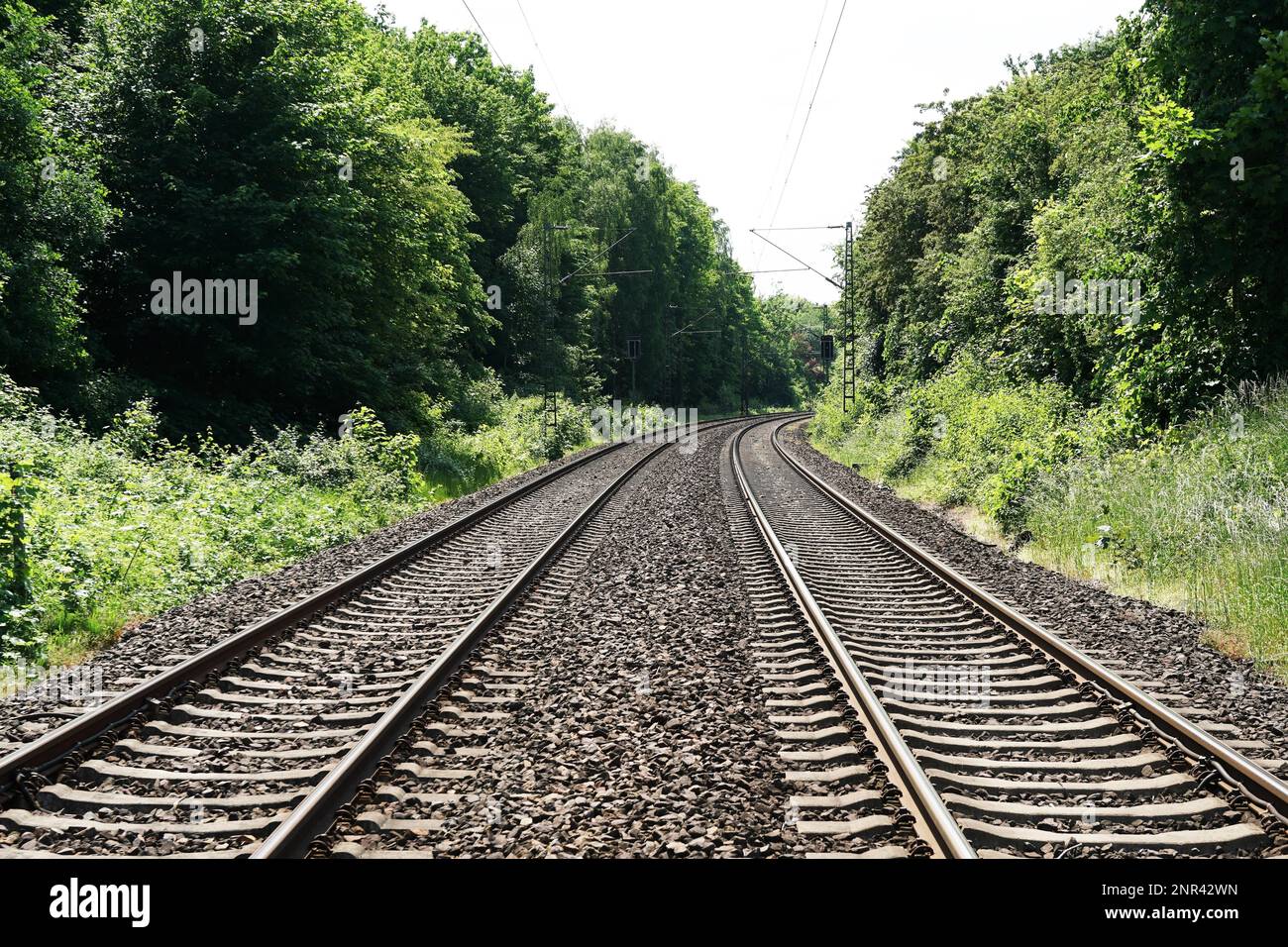 Doppio binario ferroviario ferroviario o in treno le vie rurali in Germania, il concetto di viaggio con uno sfondo con spazio di copia Foto Stock