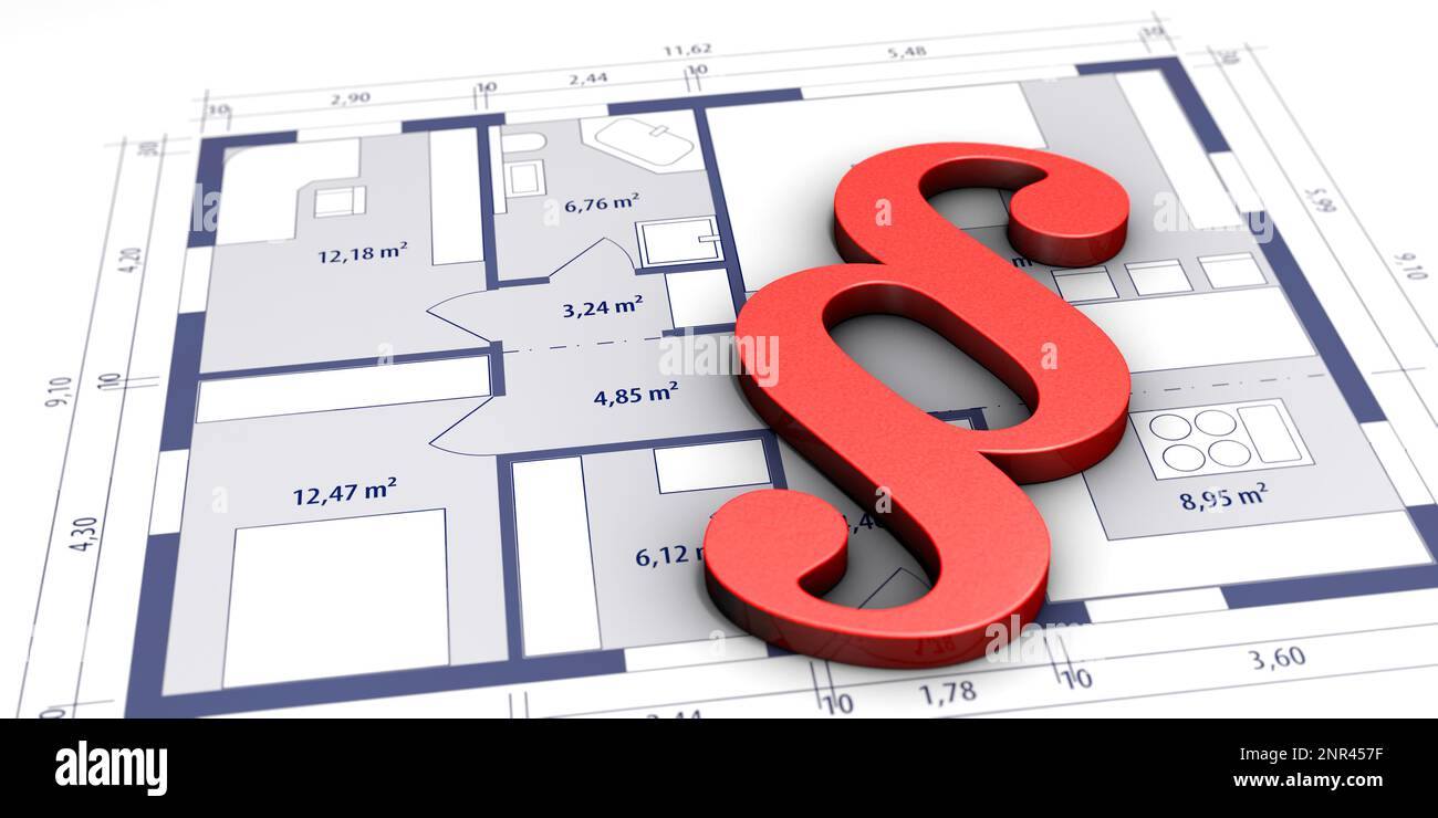 Il segno di paragrafo si trova sul disegno dell'edificio. Immagine simbolica sul tema del diritto edilizio Foto Stock