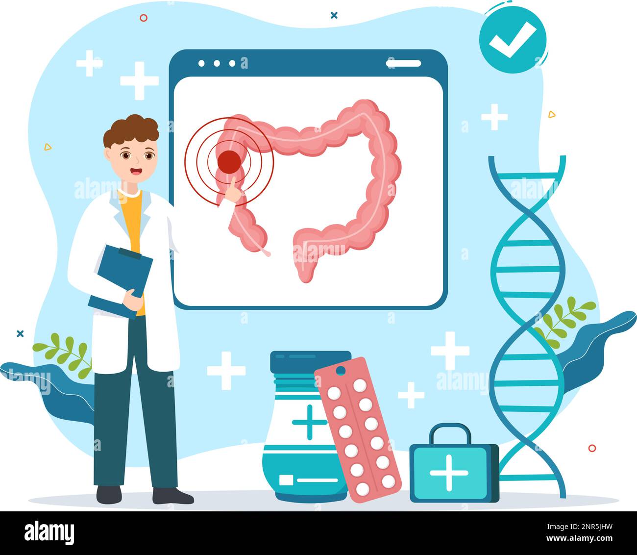Proctologo o Colonoscopia Illustrazione con un medico esamina del Colon e batteri nocivi in Cartoon mano disegnato per Landing Page Templates Illustrazione Vettoriale