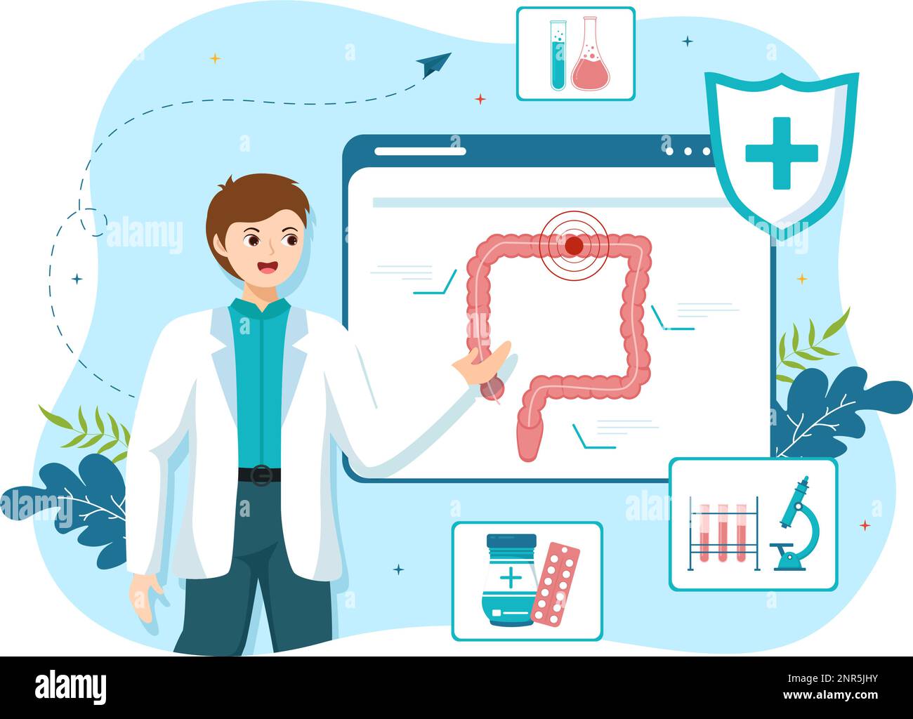 Proctologo o Colonoscopia Illustrazione con un medico esamina del Colon e batteri nocivi in Cartoon mano disegnato per Landing Page Templates Illustrazione Vettoriale