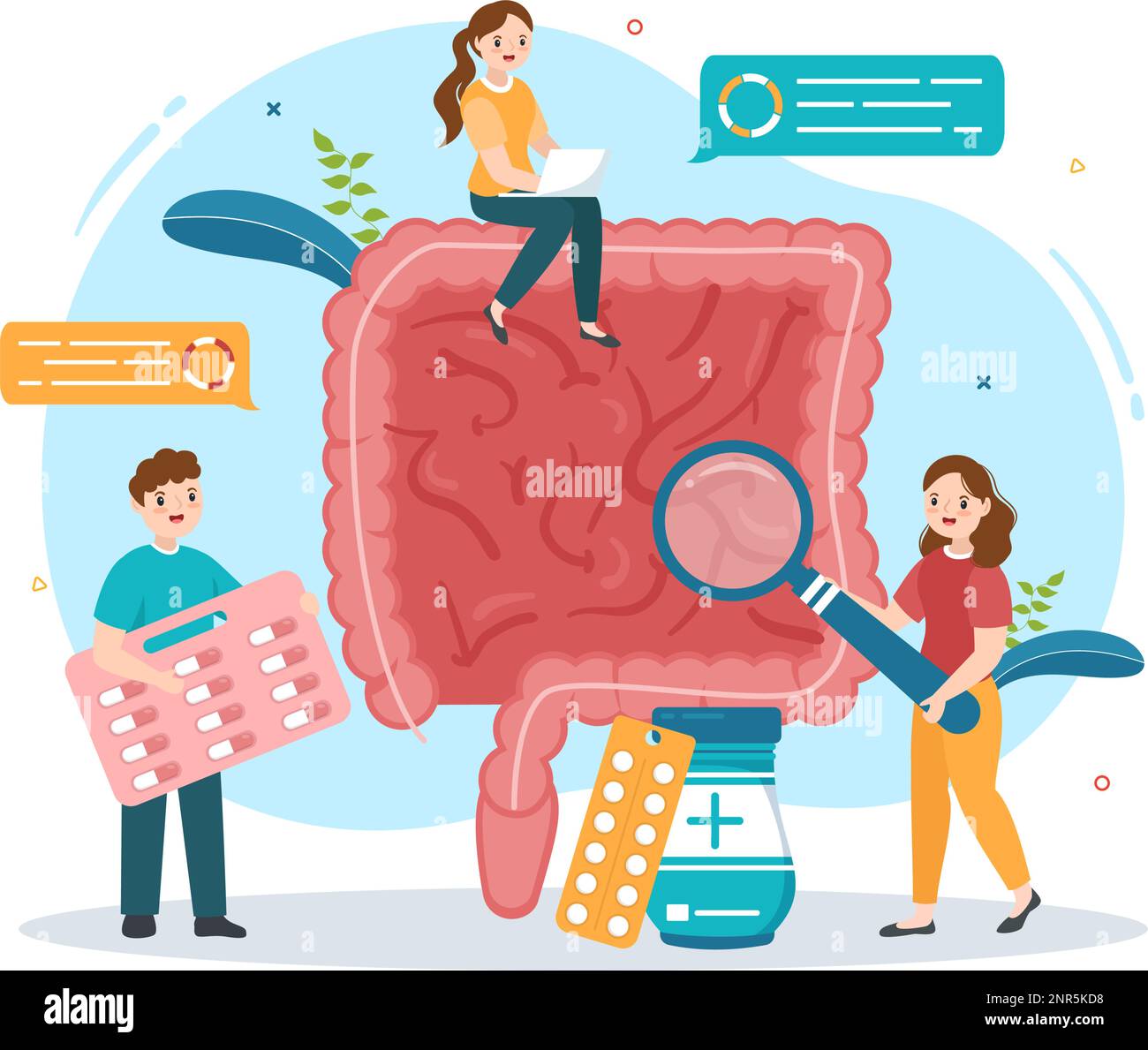 Proctologo o Colonoscopia Illustrazione con un medico esamina del Colon e batteri nocivi in Cartoon mano disegnato per Landing Page Templates Illustrazione Vettoriale