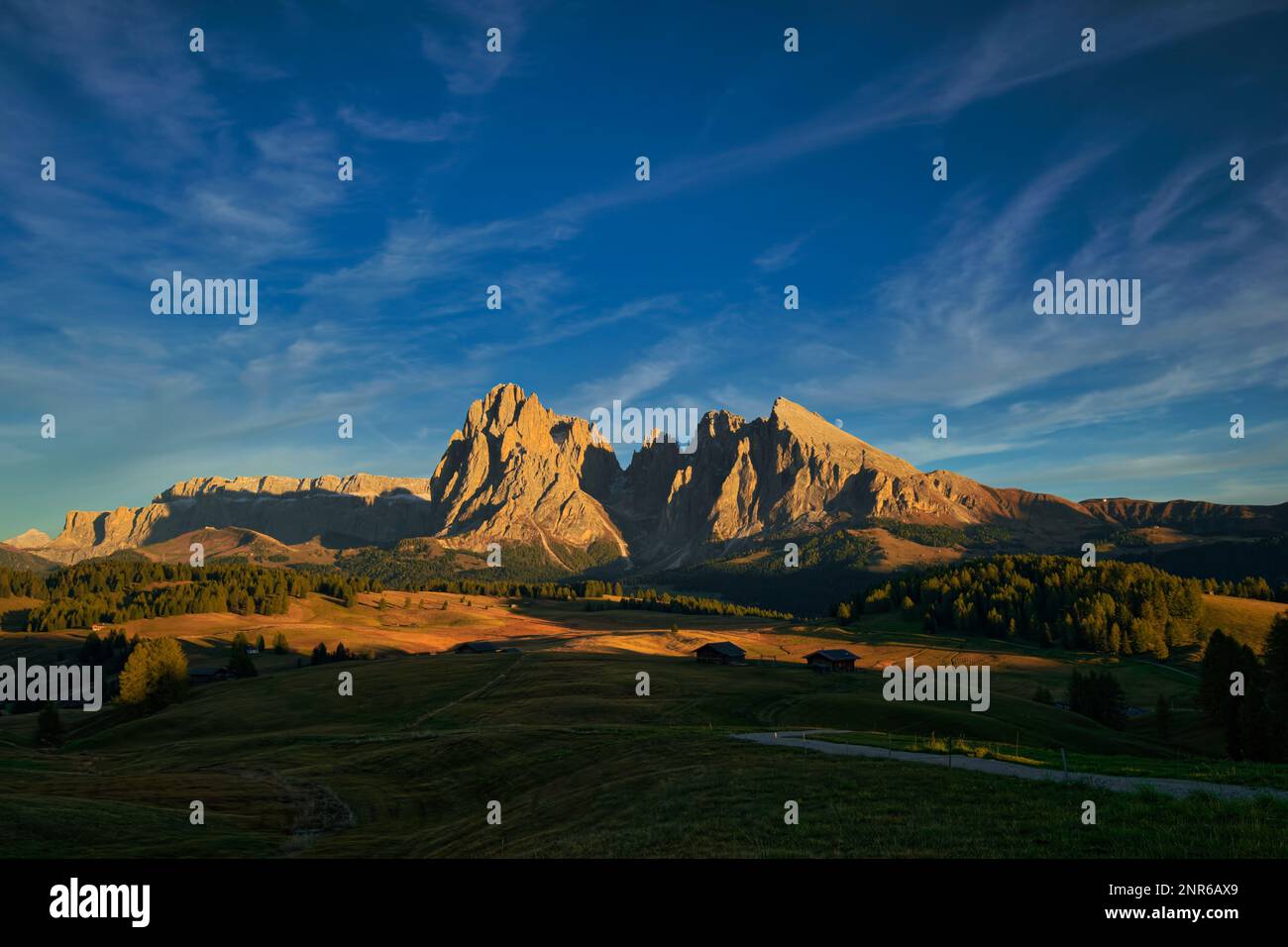 L'Alpe di Siusi (in italiano: Alpe di Siusi, Ladino: Mont Sëuc) è un altopiano dolomitico e il più grande prato alpino d'alta quota (in tedesco: Alm) d'Europa. Posizione Foto Stock