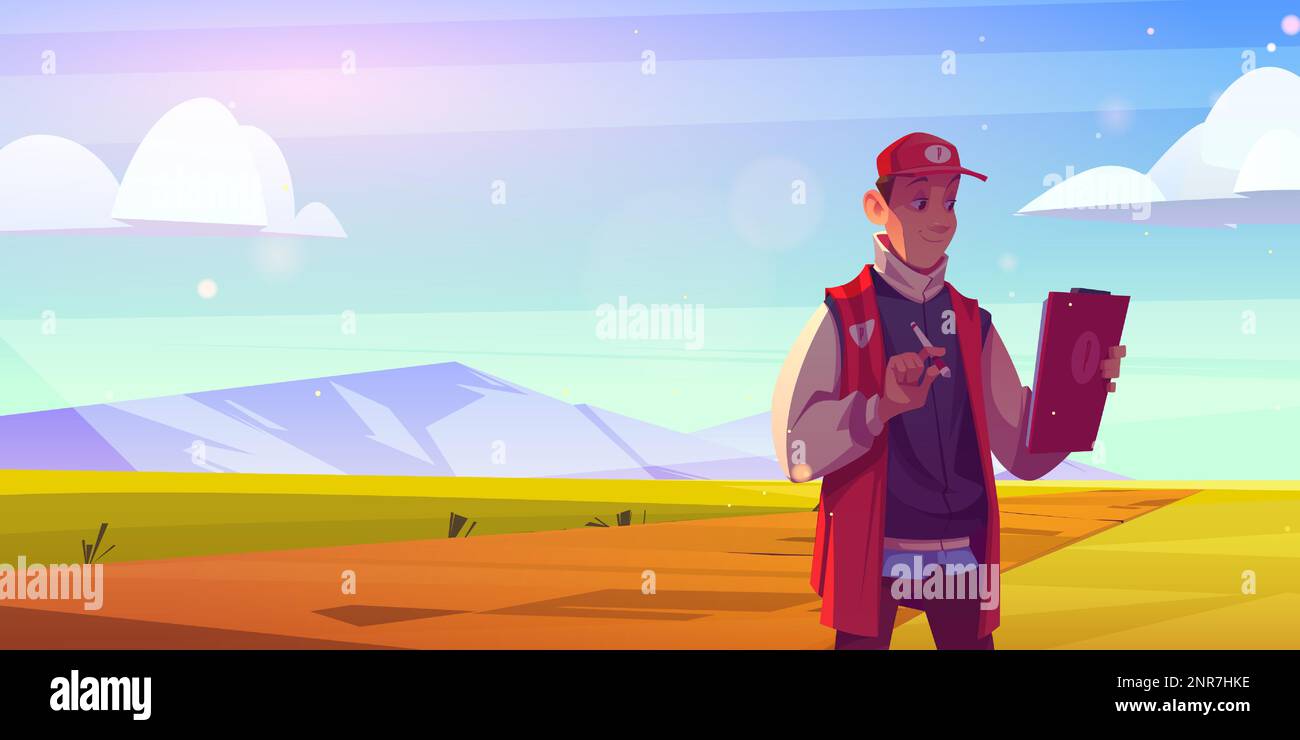 Uomo con appunti di controllo terreno terreno in vendita. Vendere campo vuoto scena con paesaggio montano. Sfondo del livello di inizio del simulatore di gioco della fattoria. Buon ispettore che controlla il lotto della proprietà per l'investimento. Illustrazione Vettoriale