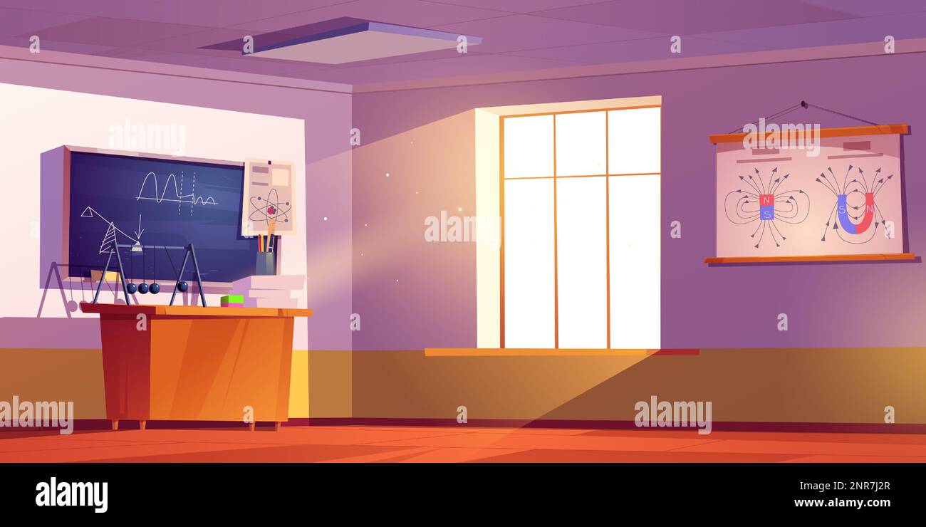 Scuola di fisica vuota con lavagna e finestra di sfondo cartoni animati. Stanza della scienza con poster in illustrazione vettoriale del college con tavolo dell'insegnante. Attrezzature didattiche per l'app di apprendimento dei giochi. Illustrazione Vettoriale