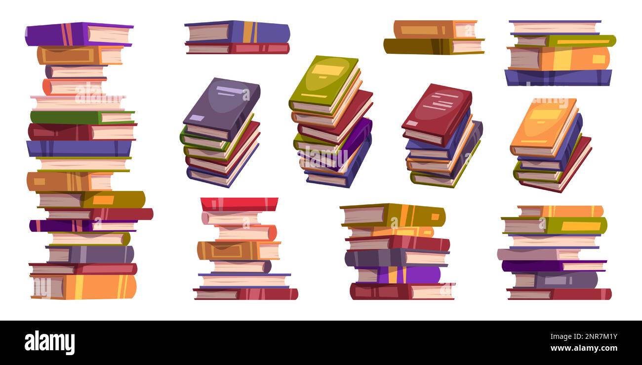 Pile e pile di libri per lo studio e la lettura in biblioteca, scuola o libreria. Letteratura educativa, dizionari, storie in copertine a colori, illustrazioni vettoriali realistiche Illustrazione Vettoriale