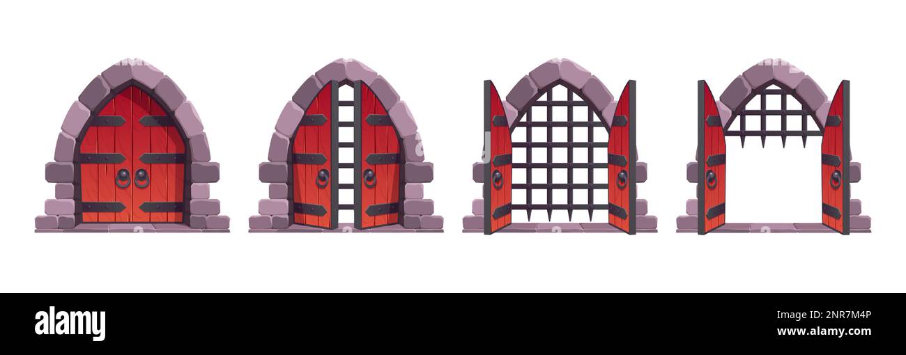 Le porte del castello medievale aprono animazione cartoon vettoriale asset. Set di vecchio cancello di legno ingresso alla prigione con arco di pietra. Portale di gioco fantasy. Ingresso isolato pesante alla fortificazione su sfondo bianco Illustrazione Vettoriale