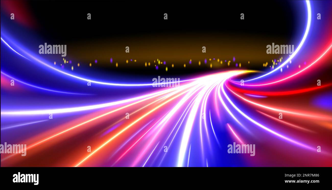 Effetto vettoriale a lunga esposizione sul paesaggio urbano. Luci auto velocità movimento luminoso percorso colore su sfondo vettoriale strada. Luce dinamica al neon proveniente dal traffico urbano nelle immagini notturne. Illustrazione Vettoriale