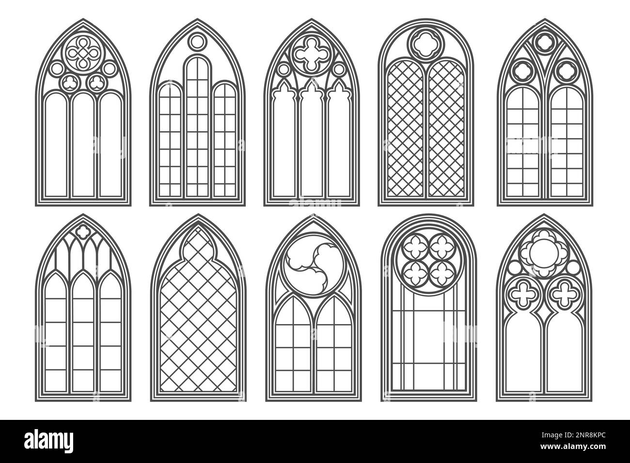 Finestre gotiche della chiesa. Archi di architettura vettoriale con vetro. Vecchio castello e le cornici della cattedrale. Design degli interni medievale colorato. Illustrazione vintage Illustrazione Vettoriale