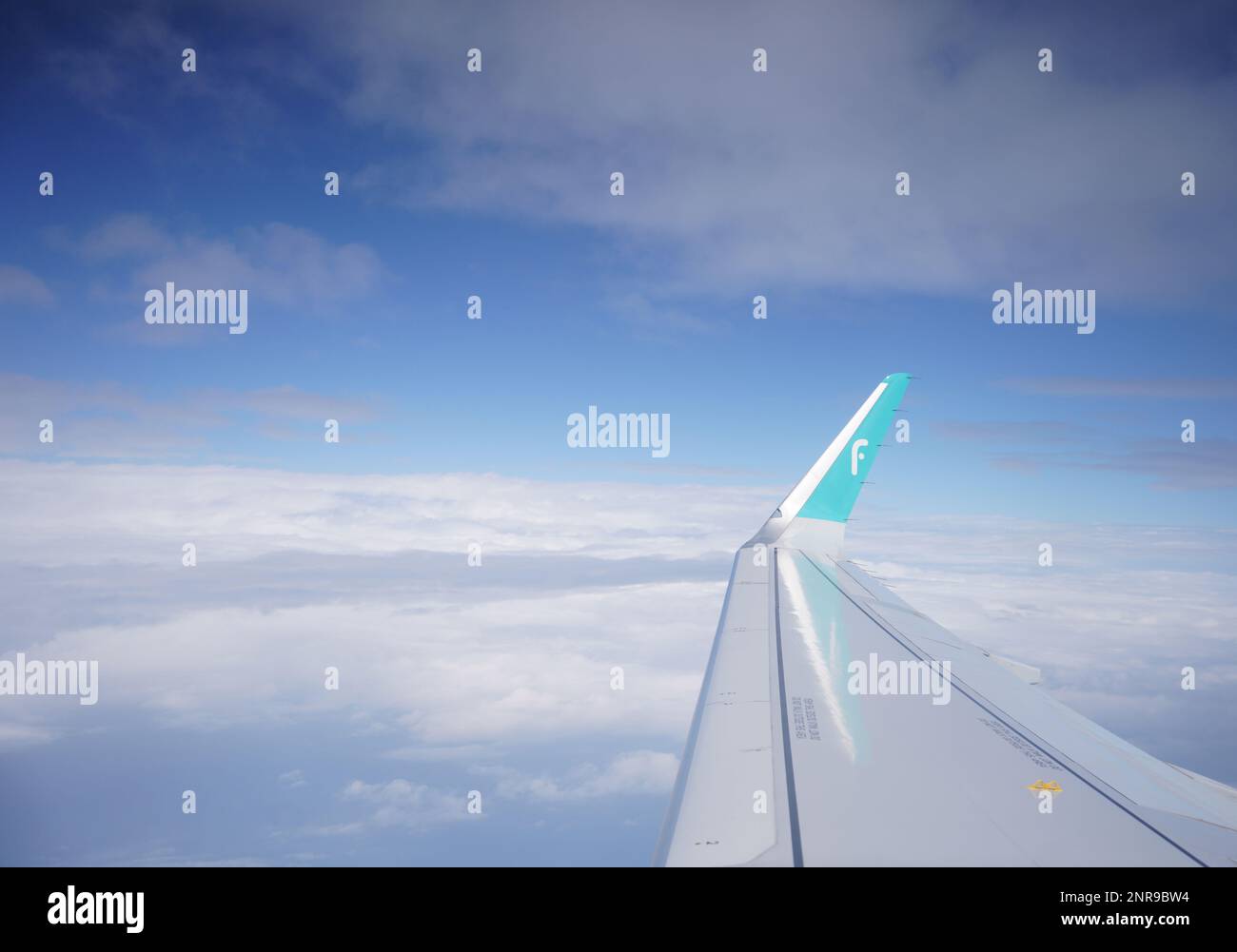 Sfondo ala aereo, FlyNas logo compagnia aerea sull'ala aereo. vista di un'ala di aeroplano sul cielo dalla finestra dell'aeroplano al mattino con c Foto Stock