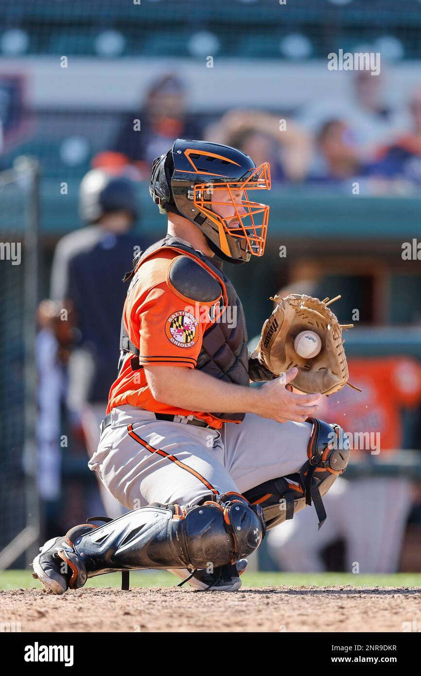 Lakeland FL USA; Baltimore Orioles catcher Maverick Handley (99) durante una partita di allenamento primaverile contro le Detroit Tigers al Publix Field a Joke Foto Stock