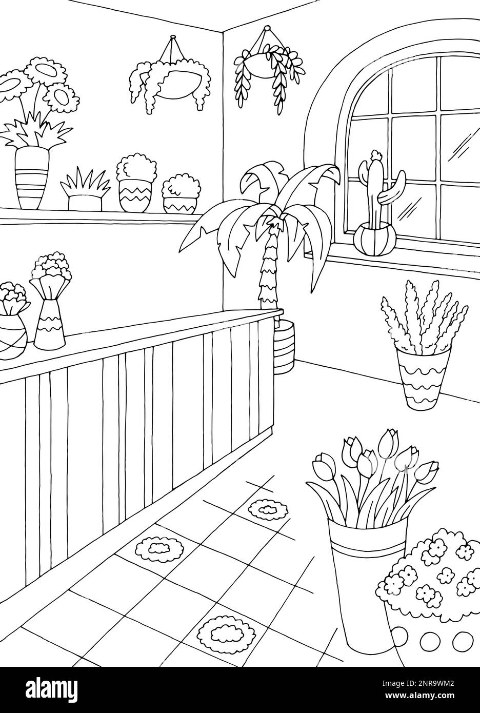 Flower shop interior grafica nero bianco verticale disegno vettoriale Illustrazione Vettoriale