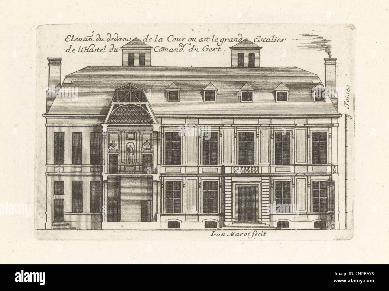 Elevazione del cortile con grande scalinata nell'Hotel de Jars, costruito vicino alla Porte de Richelieu dall'architetto Francois Mansart per Francois Rochechouart, Commendeur de Jars, nel 1648. Elevation du dedans de la Cour ou est le Grand Escalier, de l'Hostel du Comandeur du Gert, a Paris proche la porte de Richelieu. Incisione in copperplate disegnata e incisa da Jean Marot dal suo Recueil des Plans, Profils et Elevations de Plusieurs Palais, Chasteaux, Eglises, sepolture, Grotte et Hotel, Collezione di piani, profili ed elevazioni di palazzi, castelli, chiese, tombe, grotte e Alberghi, che Foto Stock