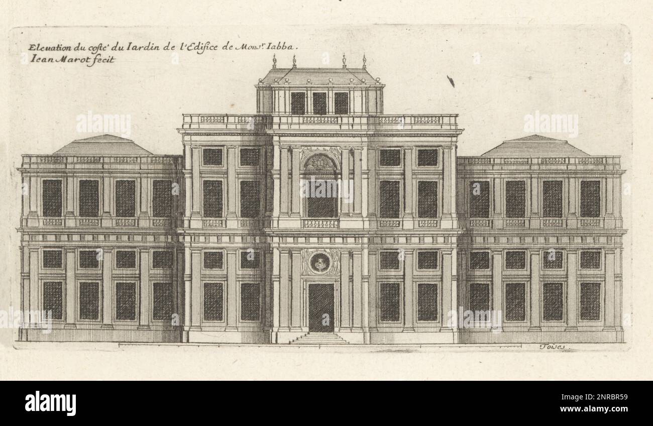 Elevazione del lato giardino dell'Hotel Jabach, 42 rue Saint-Merri, Parigi. Costruito dall'architetto Pierre Bullet per Everhard Jabach, 1618-1695, uomo d'affari francese, collezionista d'arte e direttore della Compagnia Francese delle Indie Orientali. Demolito nel 20th ° secolo. Elevation du coste du Jardin de l'Edefice de Monsr. Iabba. Incisione su copperplate disegnata e incisa da Jean Marot dal suo Recueil des Plans, Profils et Elevations de Plusieurs Palais, Chasteaux, Eglises, sepolture, Grotte et Hotels, Raccolta di piani, profili ed elevazioni di palazzi, castelli, chiese, tombe, grotte e alberghi, chez M. Foto Stock