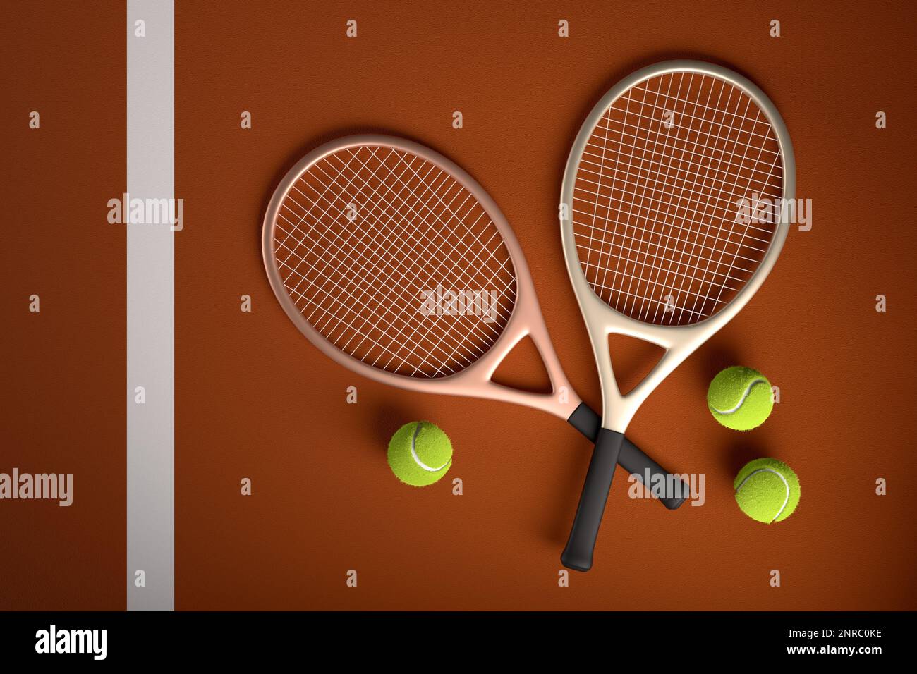 Due racchette da tennis e palle da tennis vicino alla linea del campo su un campo da tennis in argilla rossa. Rendering 3D. Vista dall'alto di Flat Lay. Foto Stock