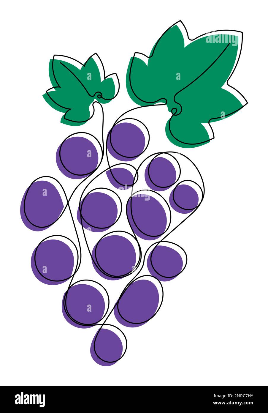 Mazzo astratto di uve abbozzate con foglie e tendoli. Alimentazione di frutta e alimentazione sana. Vettore cartoon isolato su sfondo bianco Illustrazione Vettoriale
