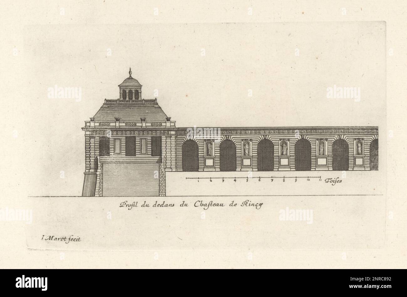 Profilo dell'interno del Chateau du Raincy, progettato da Louis le Vau e costruito tra il 1643 e il 1650 per Jacques Bordier, intendant des finances. Profil du dedans du Chasteau de Riny. Incisione su copperplate disegnata e incisa da Jean Marot dal suo Recueil des Plans, Profils et Elevations de Plusieurs Palais, Chasteaux, Eglises, sepolture, Grotte et Hotels, Raccolta di piani, profili ed elevazioni di palazzi, castelli, chiese, tombe, grotte e alberghi, chez Mariette, Parigi, 1655. Foto Stock