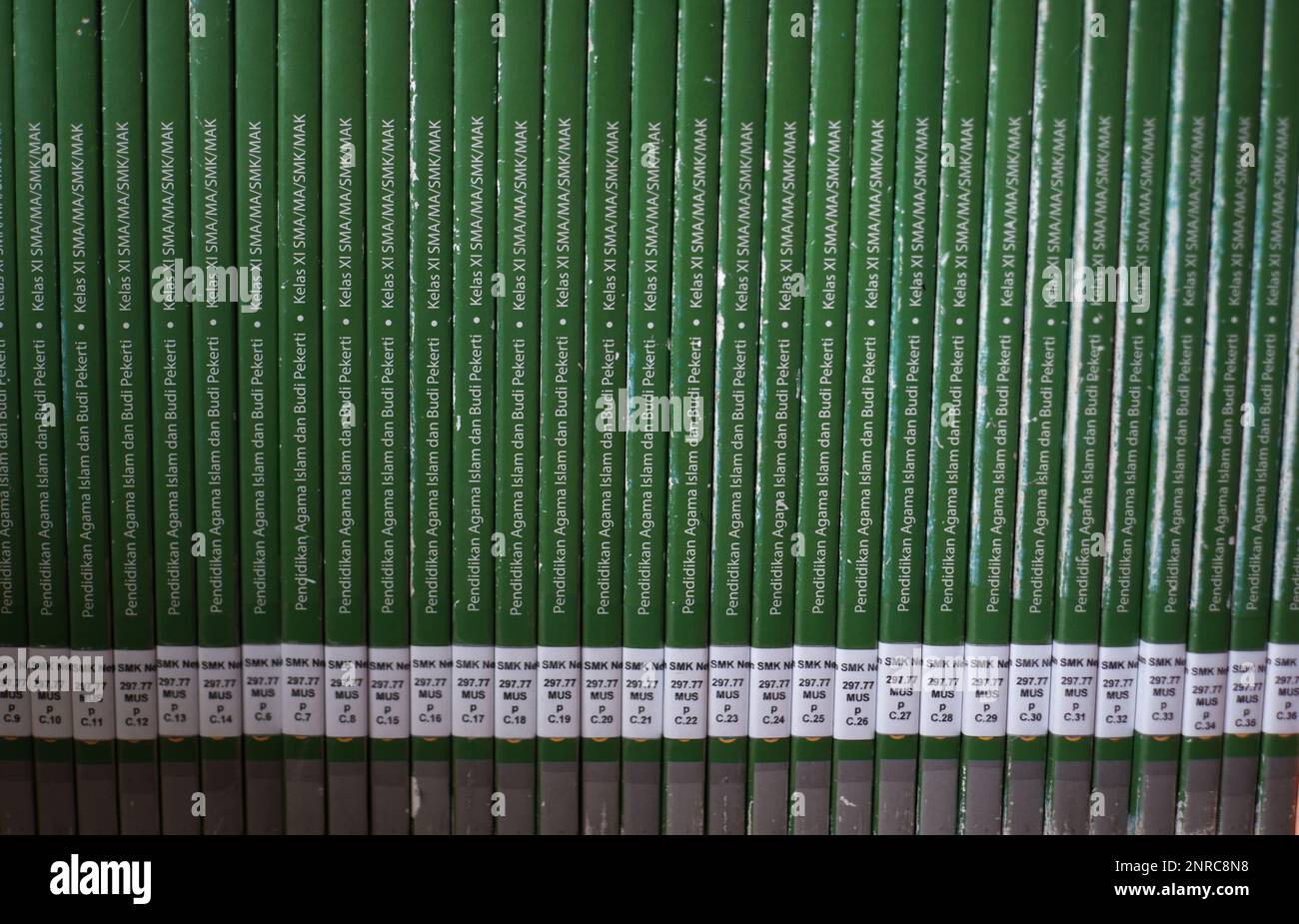Libri di testo della scuola con copertine verdi ben sistemate, sullo scaffale della biblioteca della scuola, Desa Air Belo durante il giorno Foto Stock