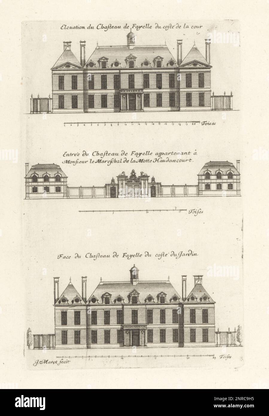 Cortile, entrata e facciata giardino al Chateau du Fayel, progettato da Jacques Sparrow, e costruito per Philippe de la Mothe-Houdancourt, Marshall di Francia e Viceroy di Catalogna. Elevation du coste de la cour, entree et face du coste du Jardin du Chasteau de Fayelle appartenant a Monsr. le Mareschal de la Motte Haudancourt. Incisione su copperplate disegnata e incisa da Jean Marot dal suo Recueil des Plans, Profils et Elevations de Plusieurs Palais, Chasteaux, Eglises, sepolture, Grotte et Hotels, Raccolta di piani, profili ed elevazioni di palazzi, Castelli, Chiese, Tombe, Grotte A. Foto Stock