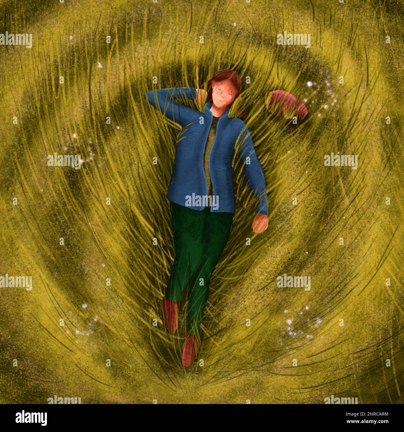 Illustrazione di una persona che posa sull'erba riposante dopo un'escursione in montagna, negli Stati Uniti Foto Stock
