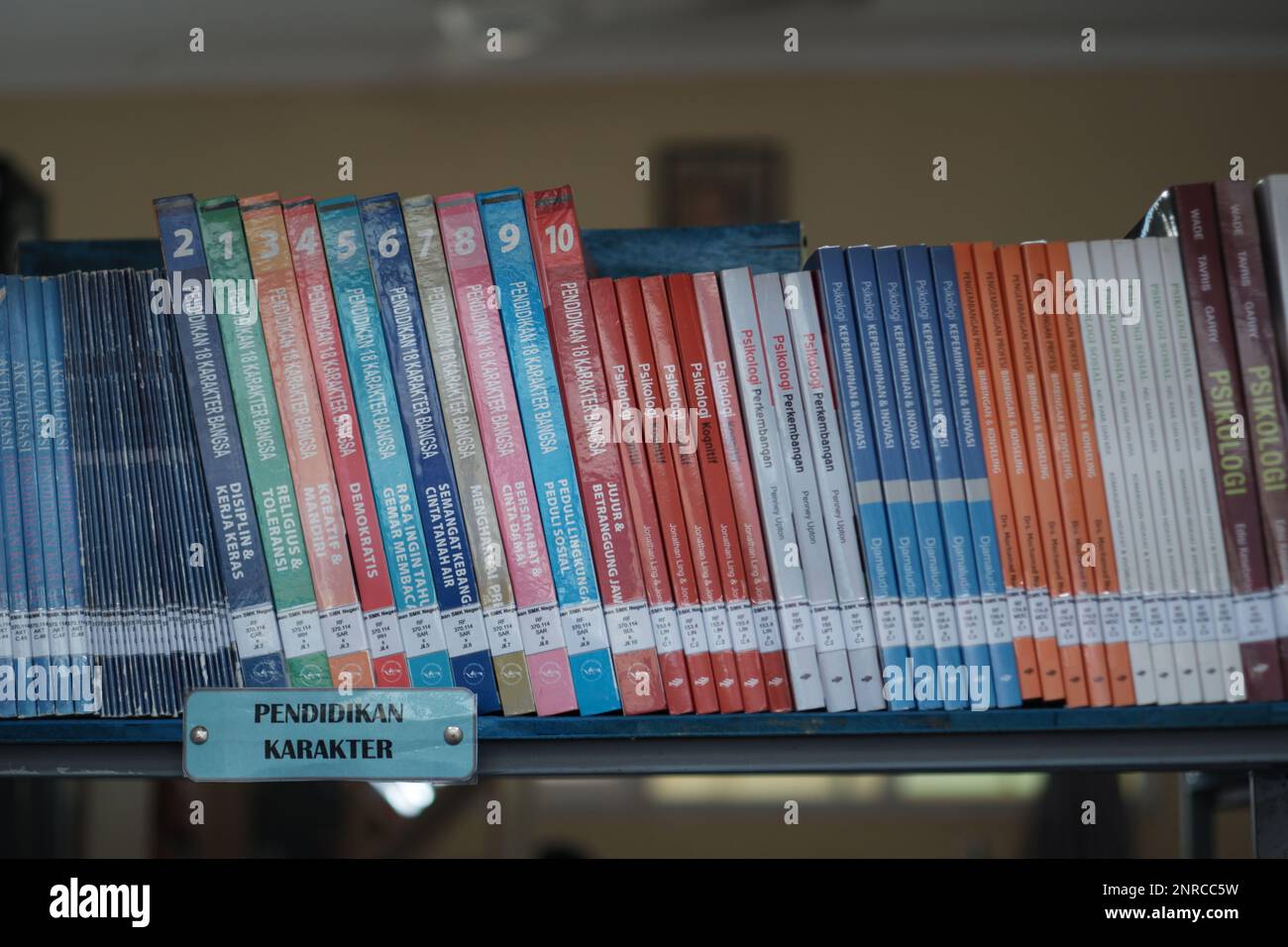 Arrangiamento dei libri della biblioteca della scuola in Una fila, nel villaggio di Air Belo durante il giorno Foto Stock