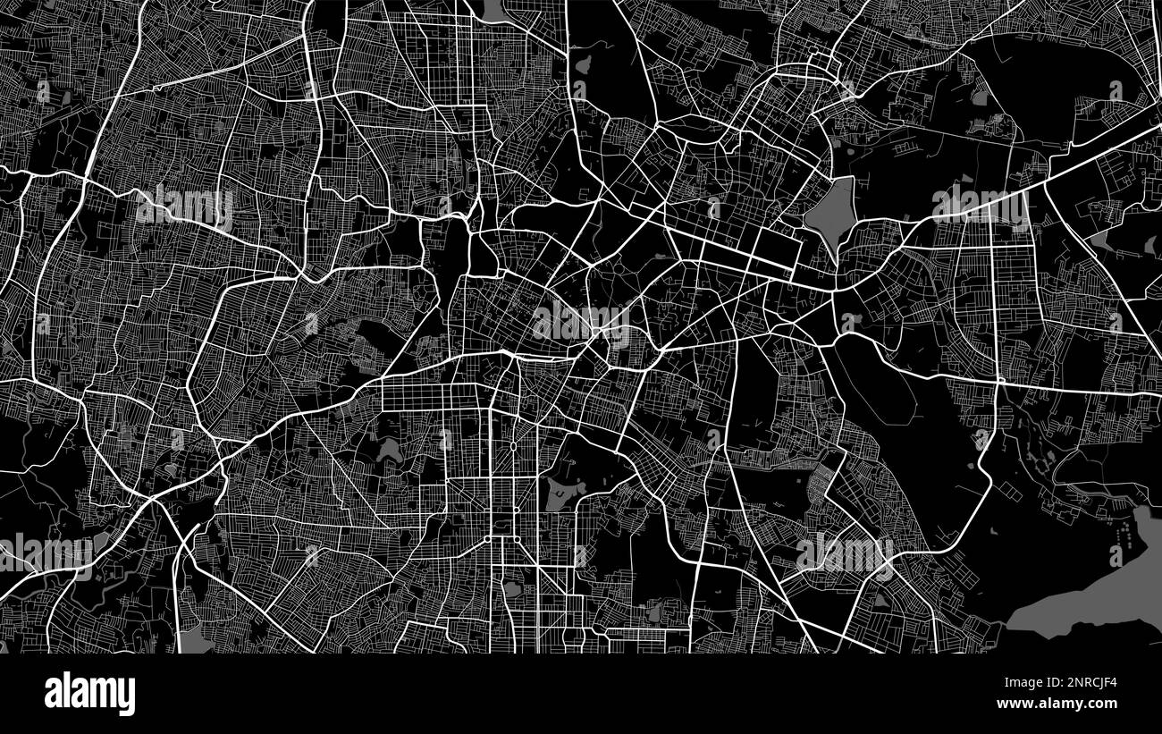Mappa di sfondo vettoriale dell'area di Bangalore nera scura, strade di Bengaluru e illustrazione dell'acqua. Proporzioni widescreen, roadmap digitale con design piatto. Illustrazione Vettoriale
